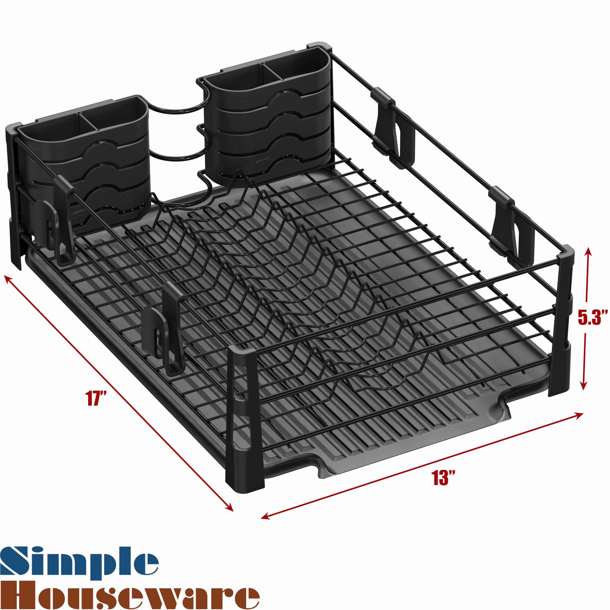 SIMPLE HOUSEWARE Suszarka do naczyń z ociekaczem, uchwytem na przybory i haczykami na kubki, metalowy organizer na blat kuchenny, czarny