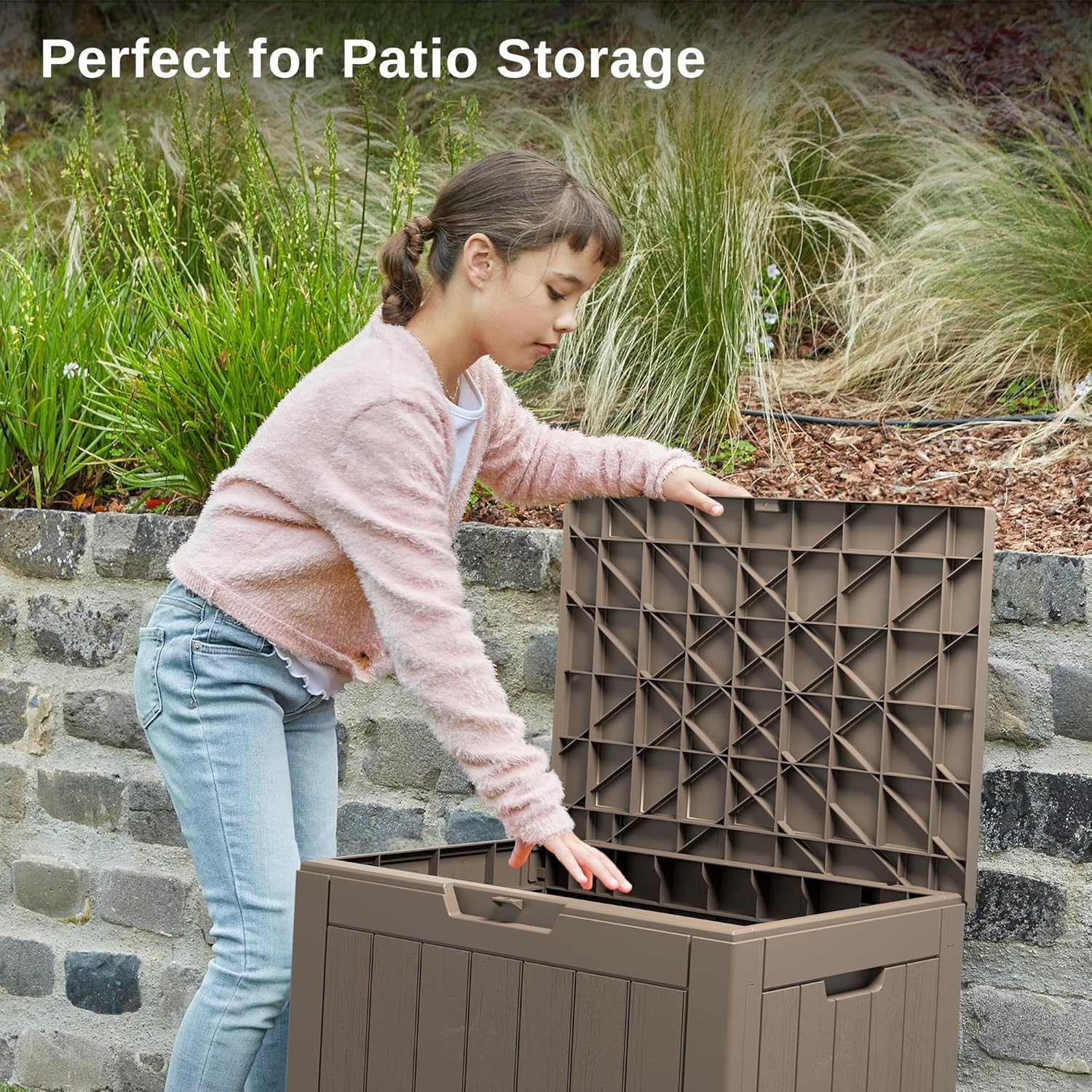 Outdoor Storage Box, 35 Gallon Deck Box, 132 Litre Waterproof Resin Storage Bin for Patio Cushions, Gardening Tools, Accessories, Lockable, UV Resistant Garden Chest Utility Handles Lid (Brown) — view 6