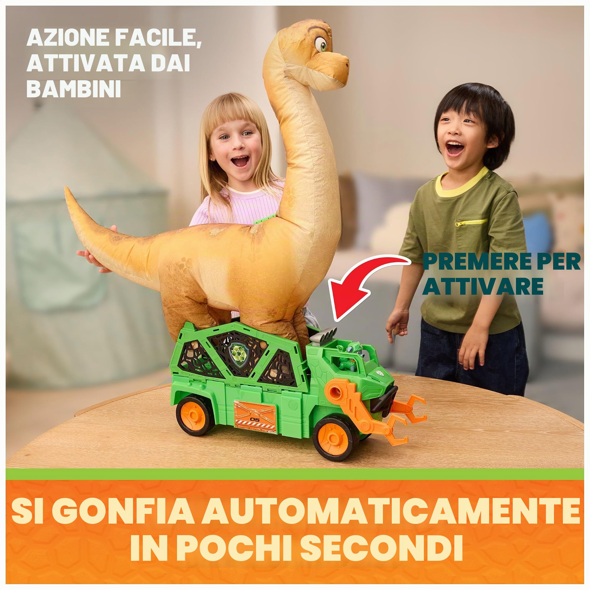 Paw Patrol: The Dino Movie, Megasaurus Dino veicolo con dinosauro giocattolo gonfiabile da 76,2 cm e personaggio Rocky, giocattoli per bambine e bambini in età prescolare dai 3 anni in su