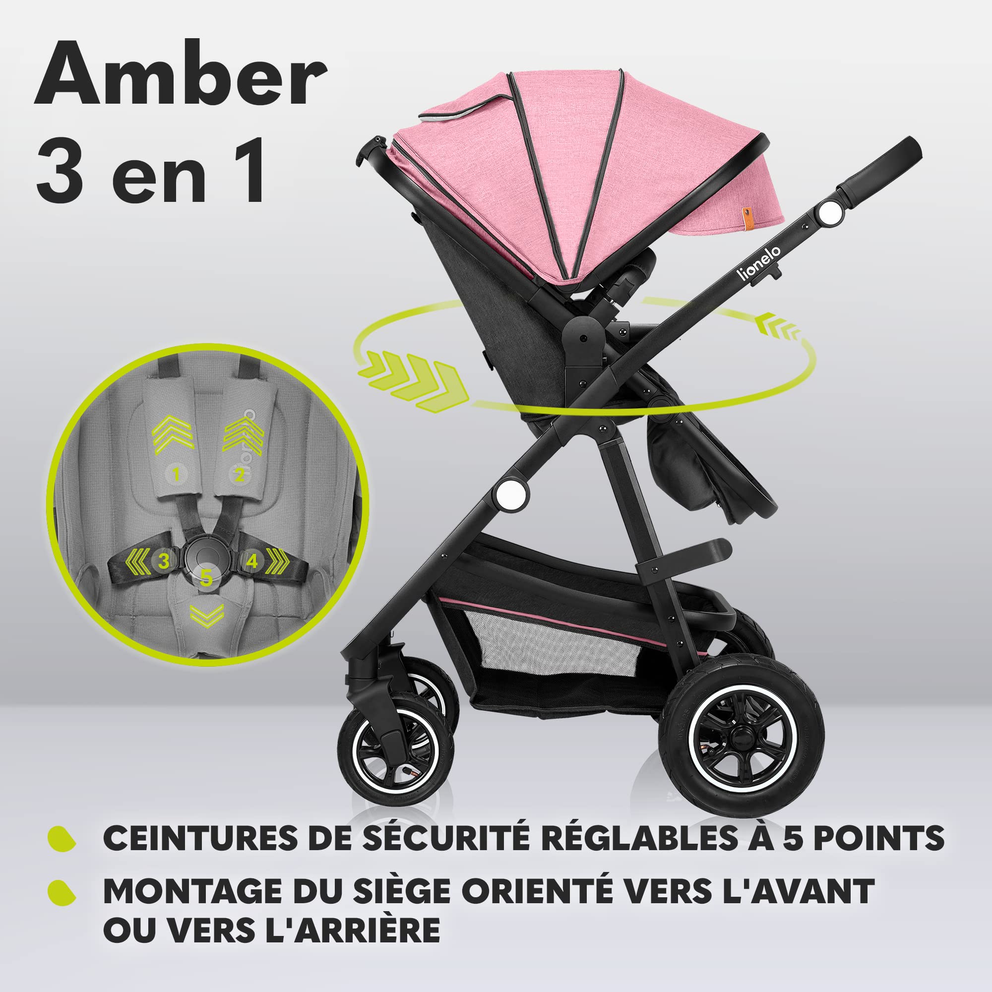 LIONELO Amber 3 in 1 poussette multifonctionnellle, landau, ensemble poussette avec siège sport et nacelle fixe, sac, moustiquaire, couvrir, feuille de pluie mit siege auto (Pink)