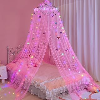 FIOBEE Hot Pink Princess Bed Canopy with LED Lights, Glow Stars & Butterflies - DIY Mosquito Net for Girls Bedroom
