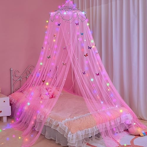 Miniatura 1 de FIOBEE Toldo de cama para habitación de niñas, cortinas con luces LED, mosquitera, decoración de habitación de princesa con estrellas y mariposas