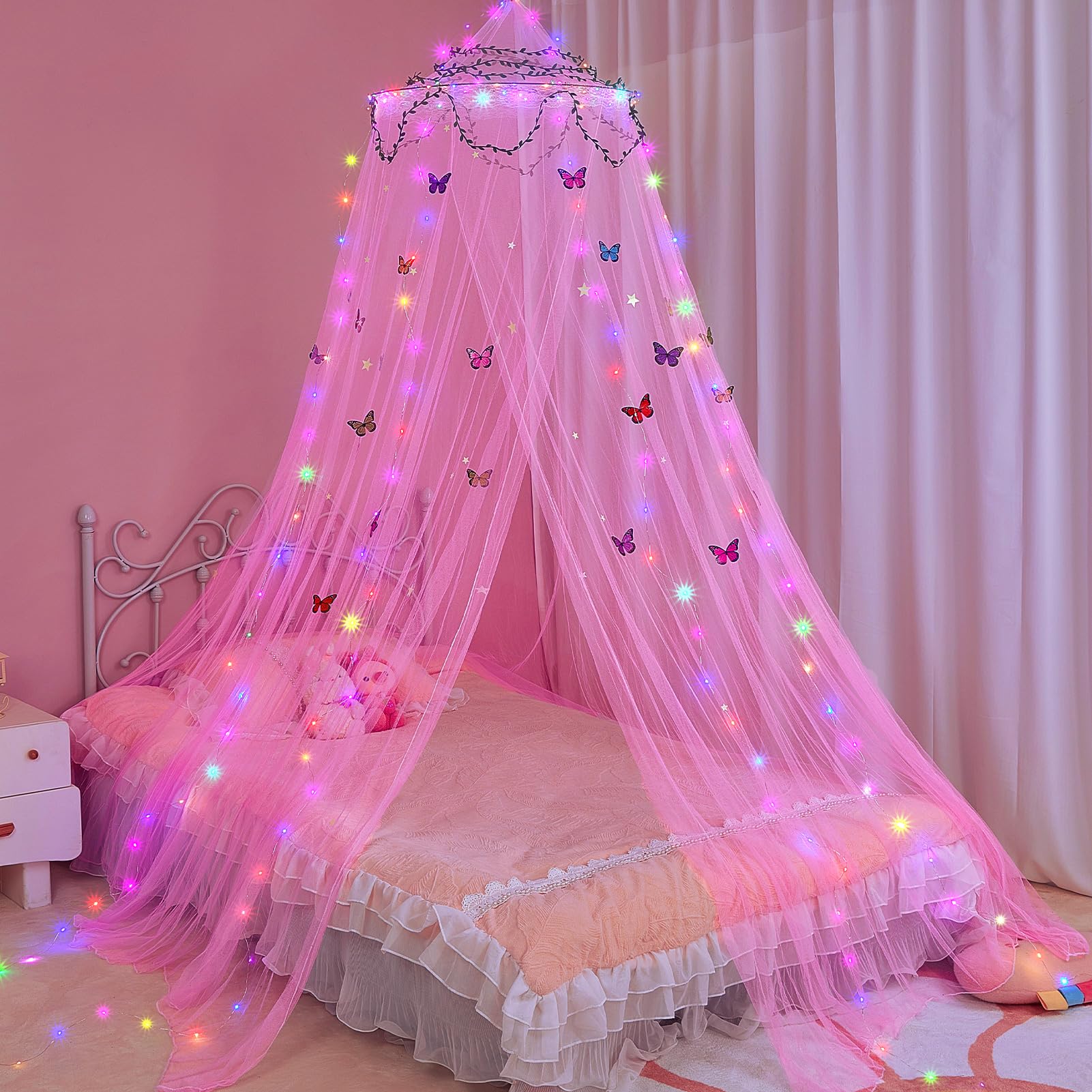 FIOBEE Bed Canopy for Girls Room Bed Canopy Curtains with Led Lights Mosquito Net DIY Princess Room Décor with Stars Butterflies for Kids Bedroom, Hot Pink