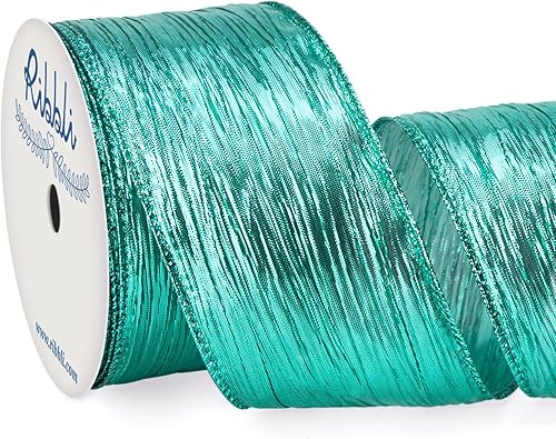 Ribbli Cinta de alambre arrugada verde aguamarina con borde metálico, cinta de Navidad verde menta para guirnaldas, coronas, lazo superior,