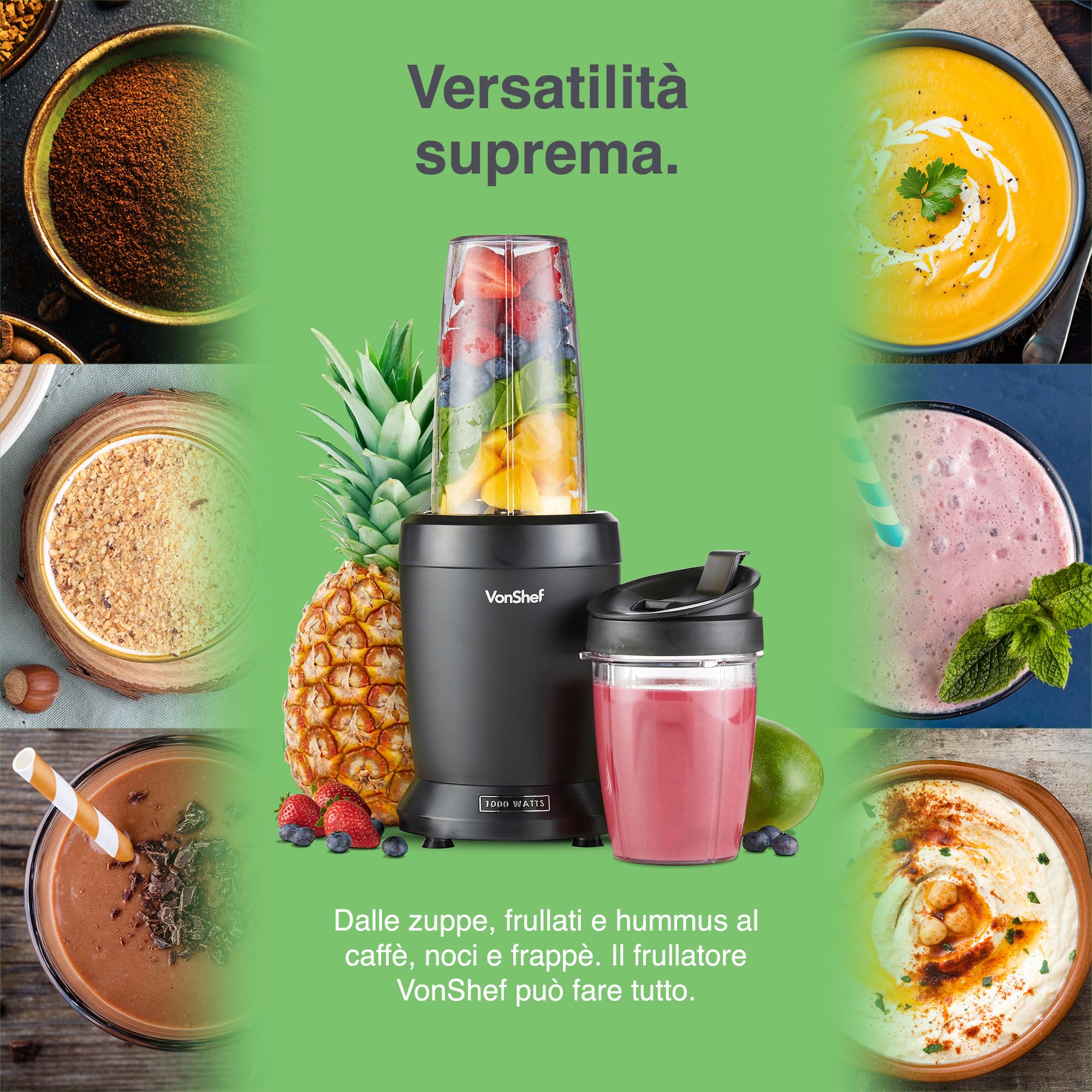 VonShef UltraBlend Frullatore Mixer 1000 W con 2 Tazze da 800ml e 500ml e 2 Coperchi per Prepare Bevande per Sportivi, Frullati Proteici e di Frutta - Parti Lavabili in Lavastoviglie