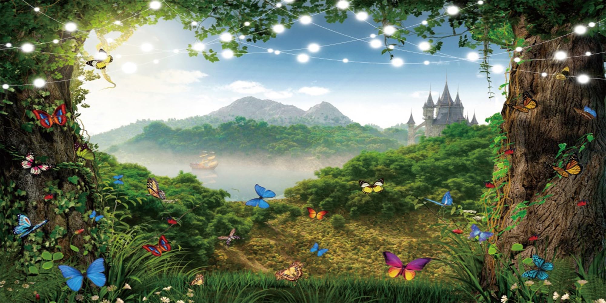 MIRRORANG 180x46cm Enchanted Forest Aquarium Background Green Trees Mountain Butterfly Fish Tank Background
