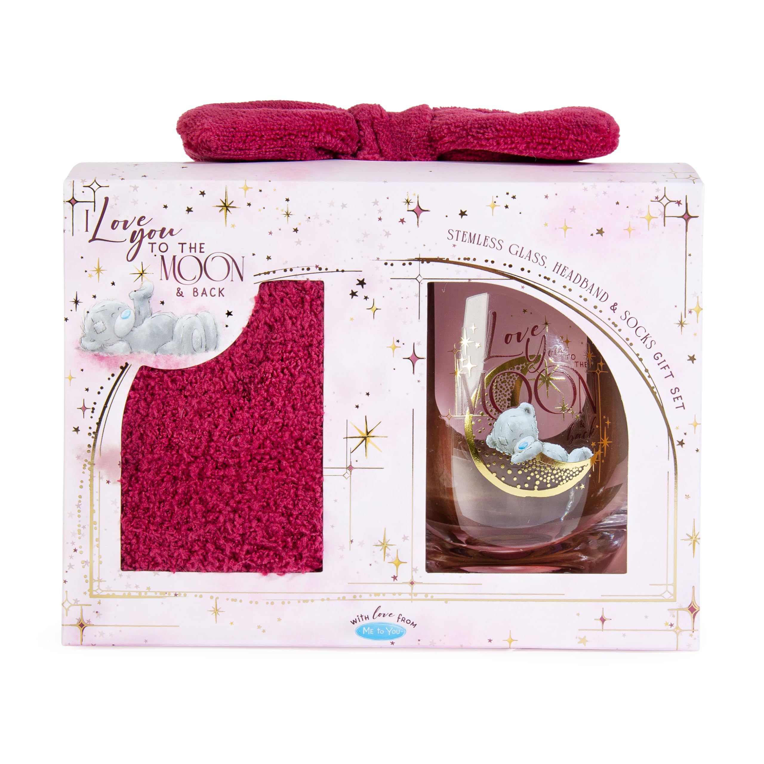 Me to You Tatty Teddy 'I Love You to the Moon and Back' Stemless Glass, Fluffy Bed Socks And Bow Headband Gift Set - Official Collection, Pink