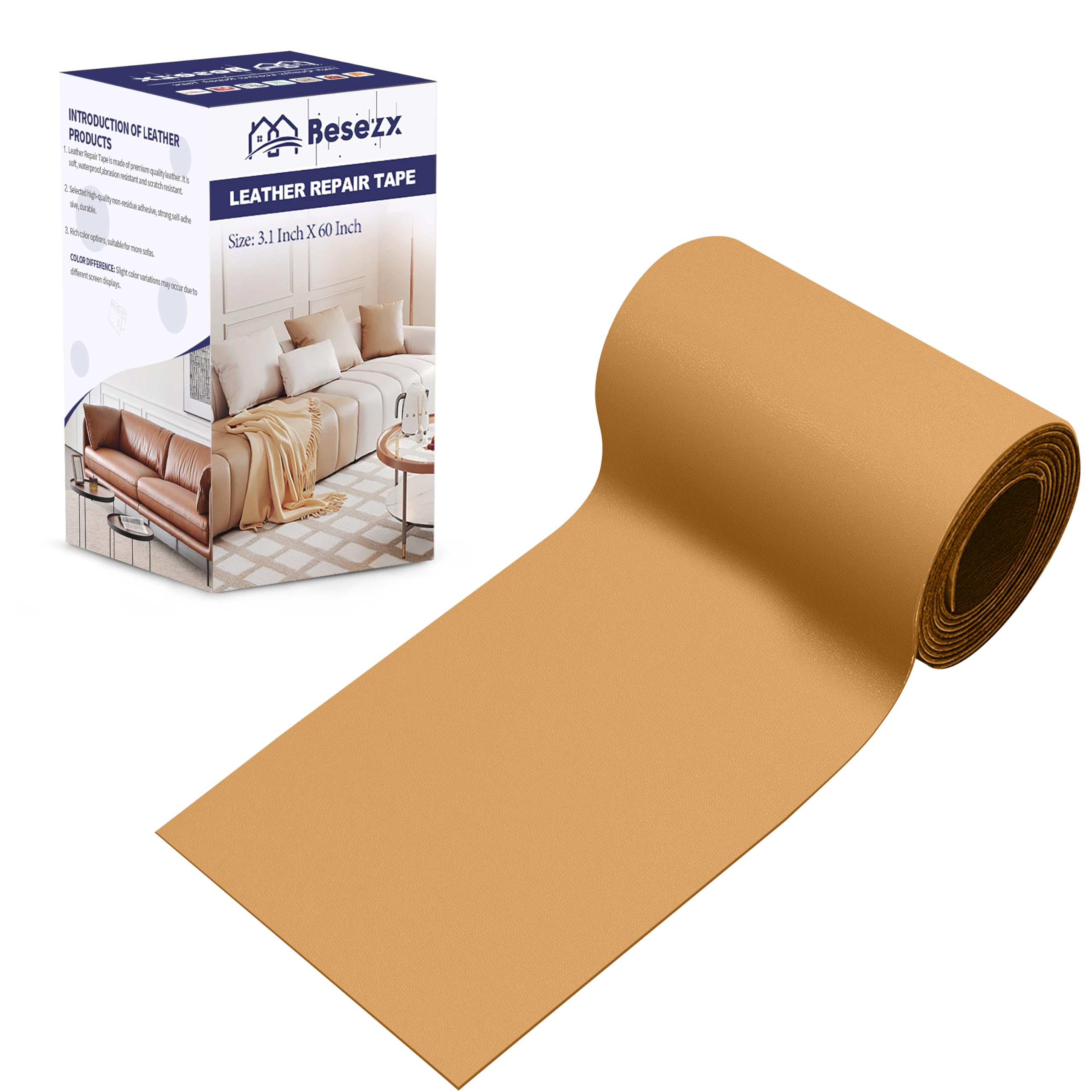 Besezx Leather Repair Patch Tape Kit, Self Adhesive Leather Repair for Furniture, Couch, Sofa, Car Seats,Office Chair,Vinyl Repair Kit.3.1inx60in