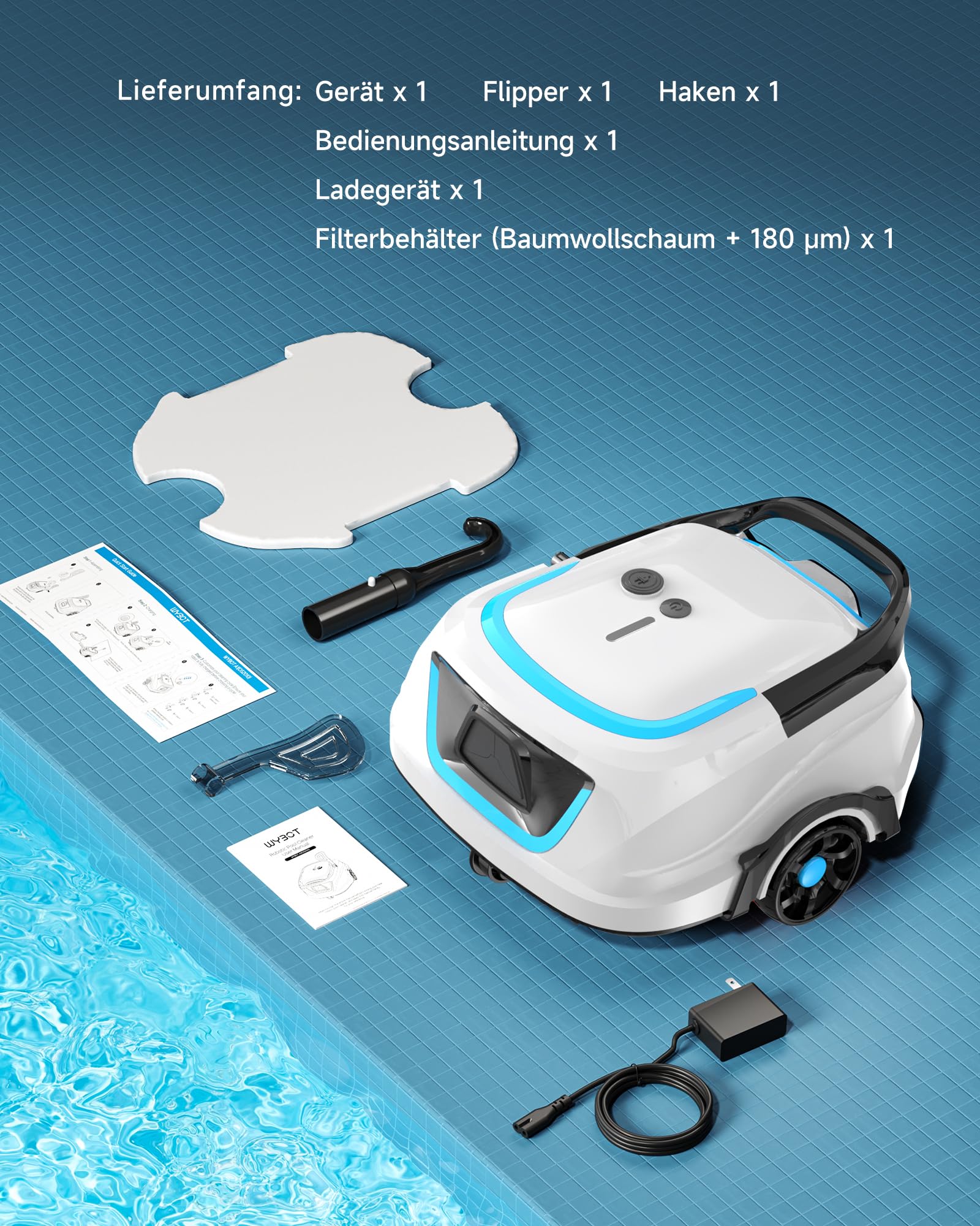 WYBOT A1/OS2010 Kabelloser Poolroboter, Poolroboter Akku 120 Min Laufzeit, Doppelsiebe, Reinigt Flache Aufstellpools Bis 100 M², Ideal für Poolroboter für Aufstellpool,Eisblau