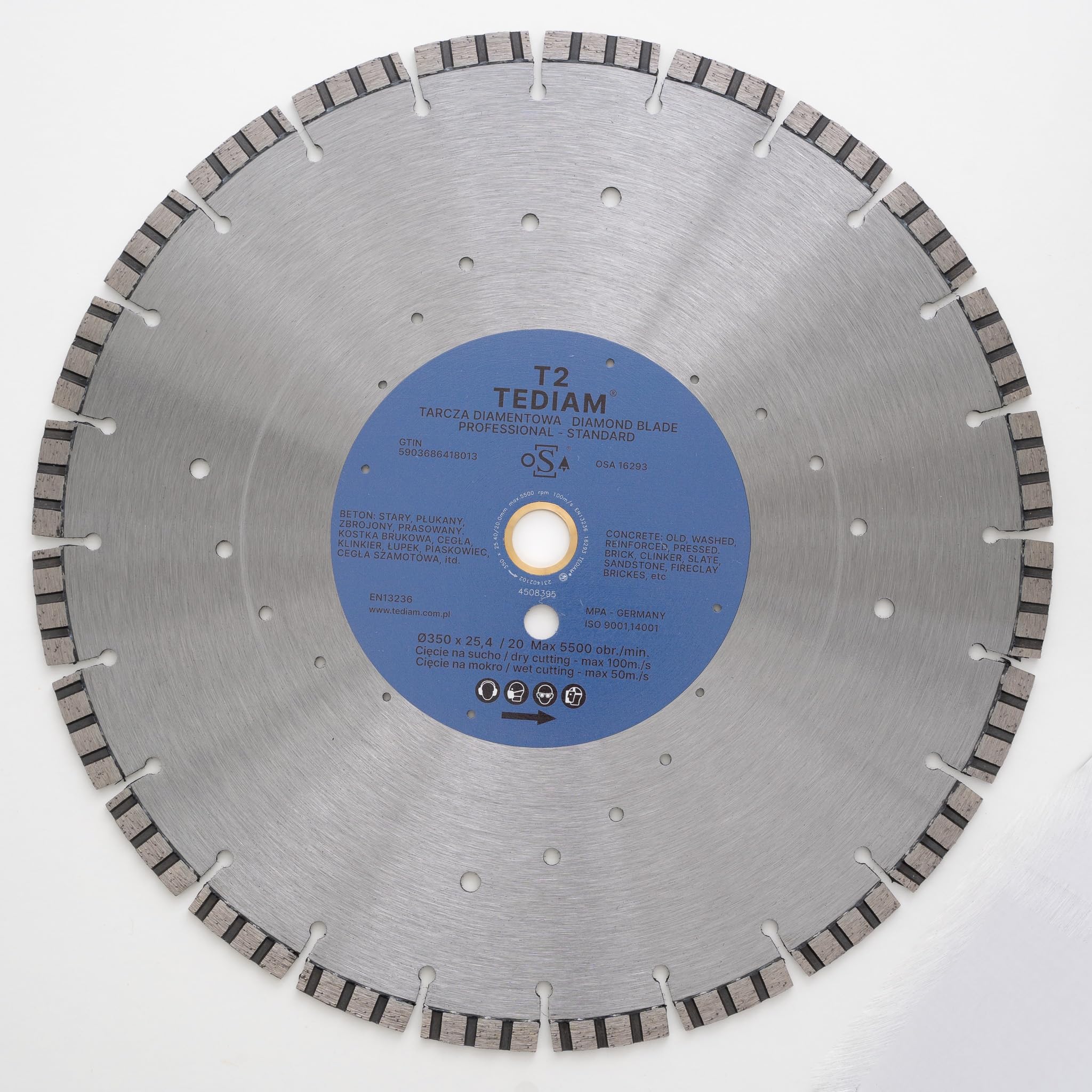 TEDIAM T2 Diamentowa Tarcza Tnąca, Do Betonu/Granitu/Kostki Brukowej, 350x25.4mm, Premium, Segmentowa, 12mm Wysokość Segmentu, 3.6mm Grubość, 3kg