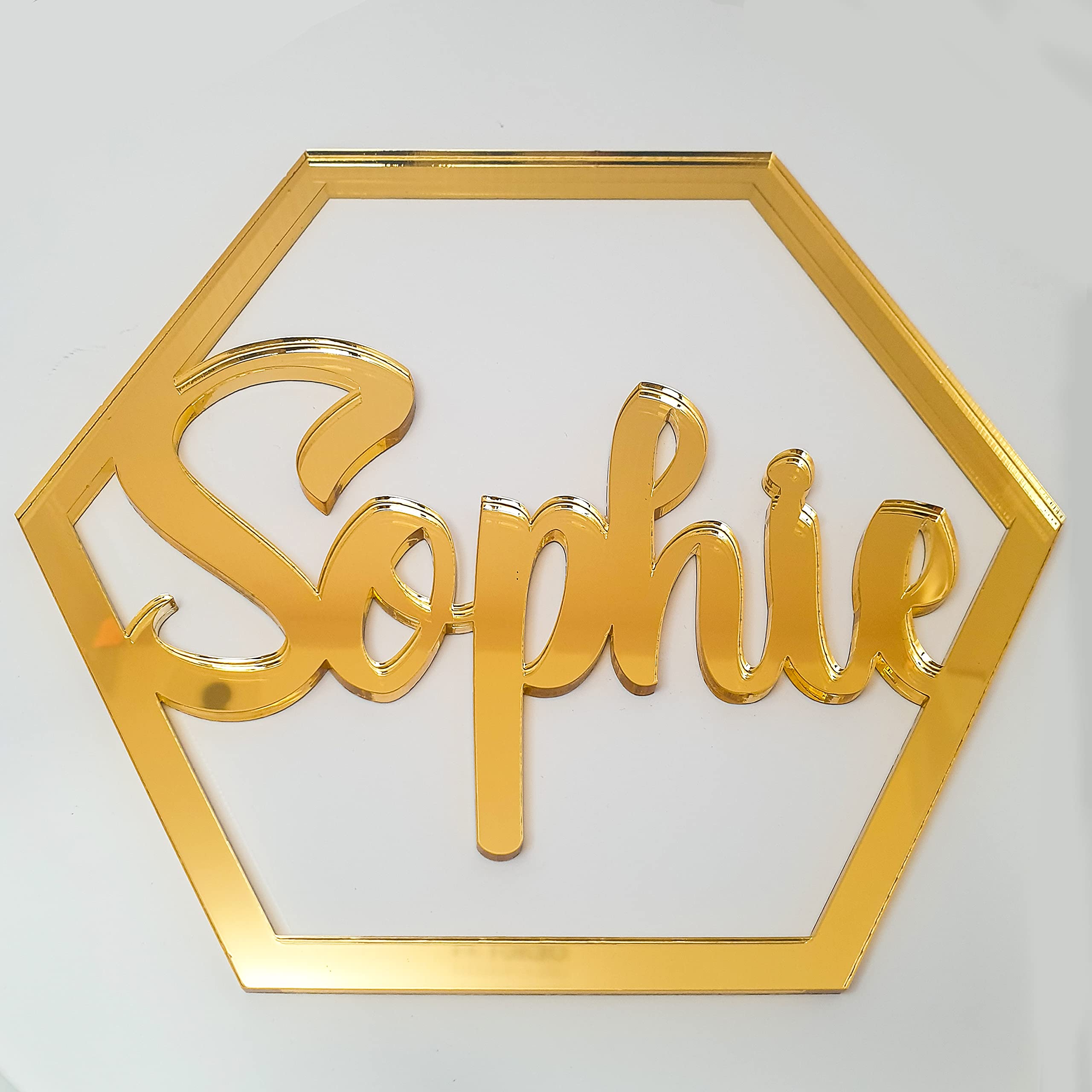 Personalised Any Name Text Wooden Colour Hoop Acrylic Mirror Floral Wedding Wreath Hanging Door Sign Wall Decoration Plaque Hexagon (Gold Mirror, 50cm)