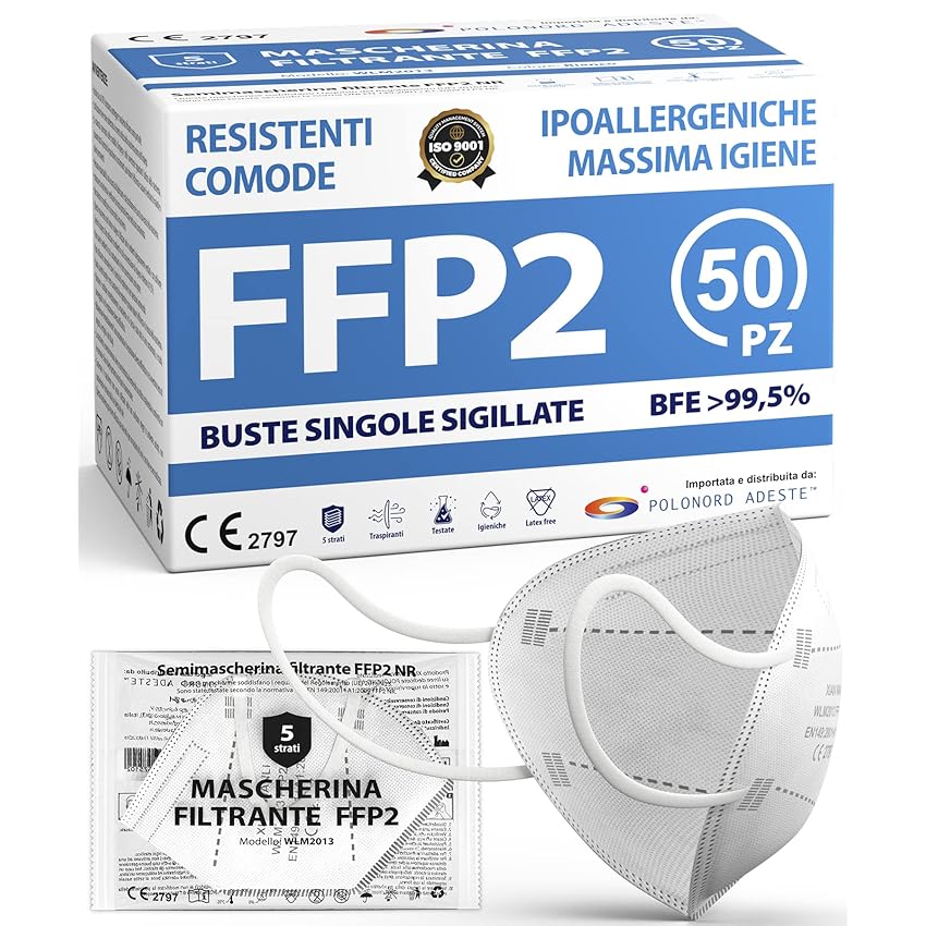 Immagine del prodotto ADESTE - 50 Mascherine FFP2 Bianche Certificate CE, Filiera controllata, anallergiche, con elastici comodi e resistenti. Sicura: capacità filtrante 99,5%, Buste singole sigillate.