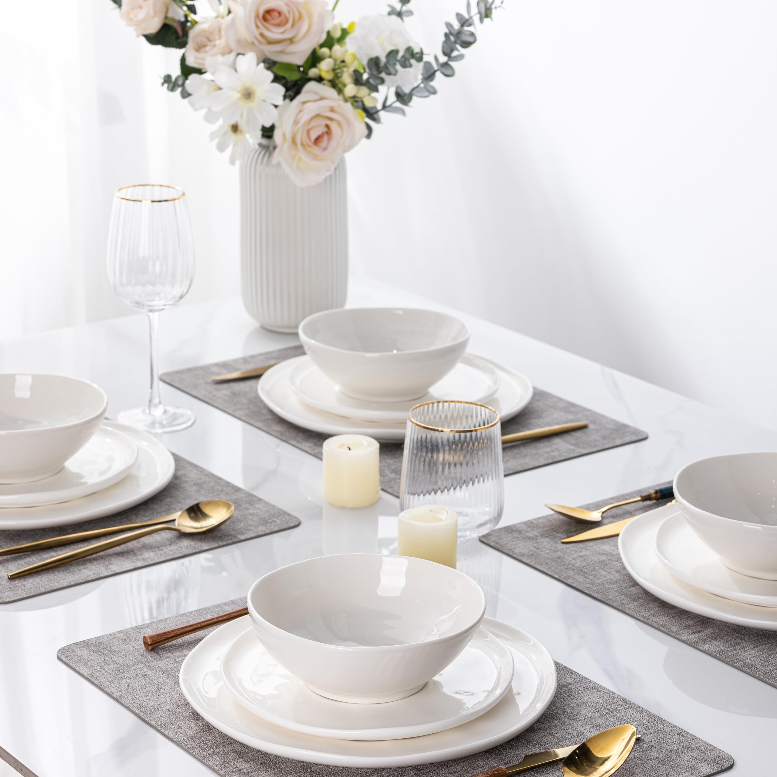 Élégant Service à Dîner 24 Pièces, 100% Porcelaine, Avec Assiettes, Bols, Assiettes à Dessert, Passe Au Lave-vaisselle Et Au Micro-ondes, Parfait Pour Toutes Les Occasions