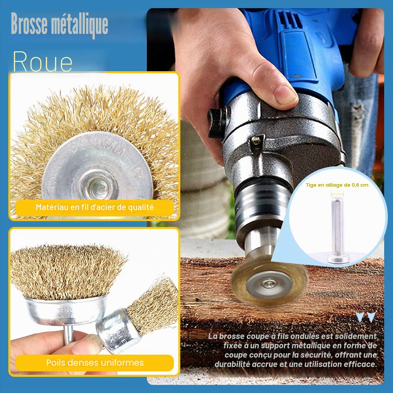 Glarks Ensemble de 9 brosses à roue métallique, brosse à roue métallique à revêtement en laiton avec tige de 6 mm pour l'élimination de la rouille de fer, la corrosion et le ponçage des surfaces