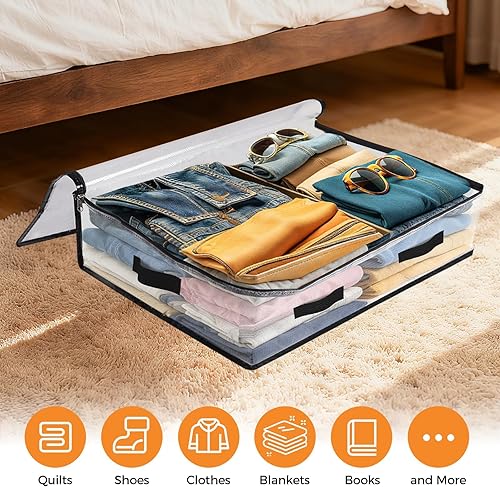 Miniatura 4 de Paquete de 6 bolsas de almacenamiento para debajo de la cama, contenedores de almacenamiento transparentes plegables de 60 litros con asas,