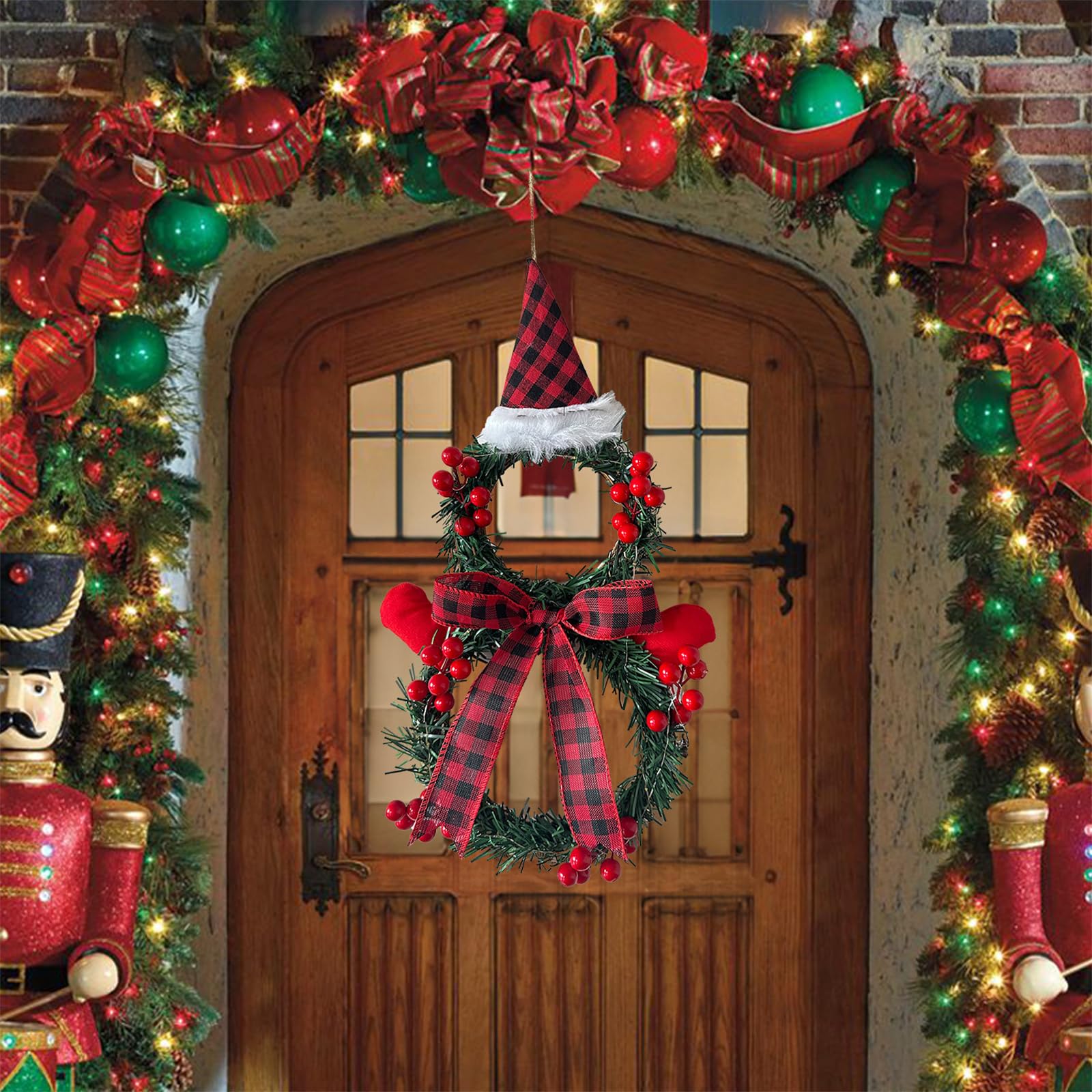 KASESSS Decorazione Porta Natale Legno, Decorazioni Natalizie Porta Ingresso Legno, Natale Decorazioni Casa per Il Telaio della Porta con Adesivo Rotondo, Babbo Natale Pupazzo di Neve Renna Finestre