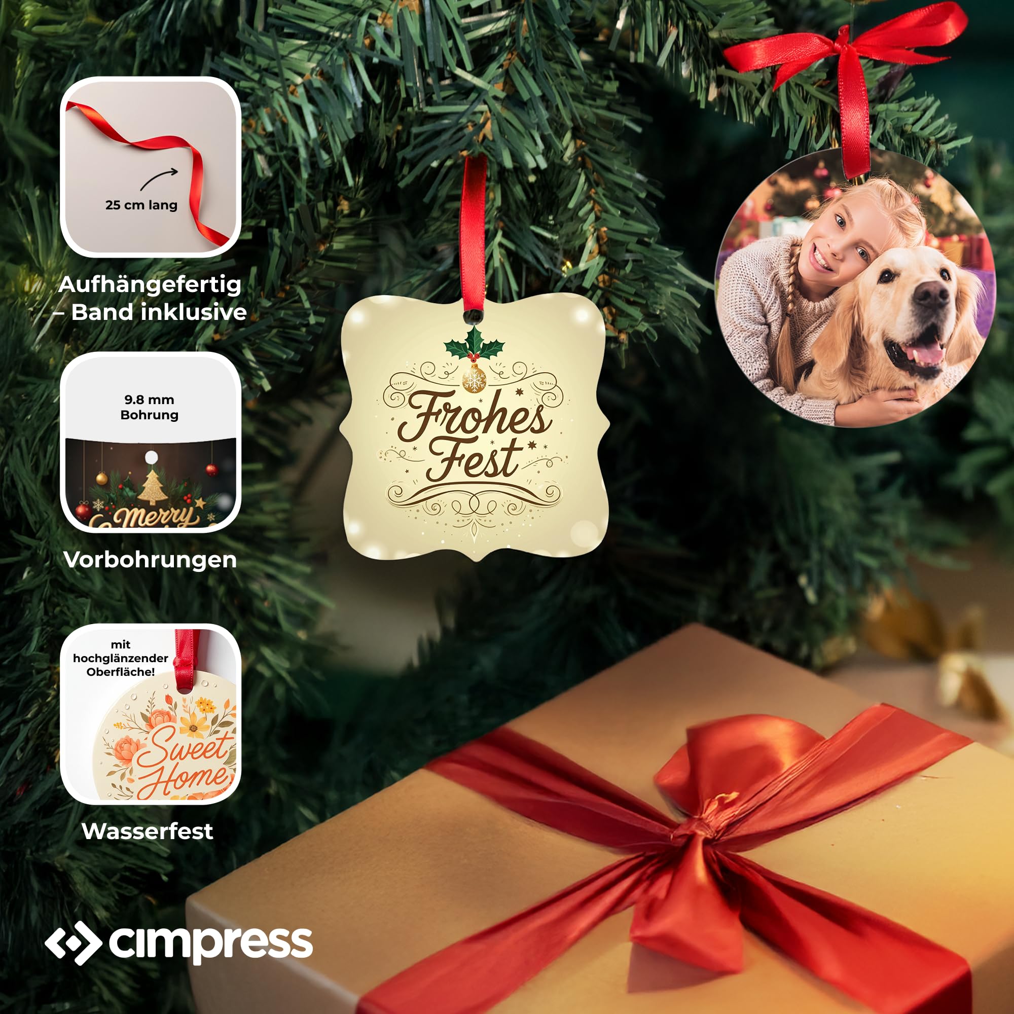 Cimpress personalisierter Weihnachtsschmuck Rund 7x7 cm, 6 Stück, Metall, Foto & Text, individuelle Weihnachtsbaumdeko, Weihnachtsanhänger, Geschenkidee Familie, Baby’s erstes Weihnachten