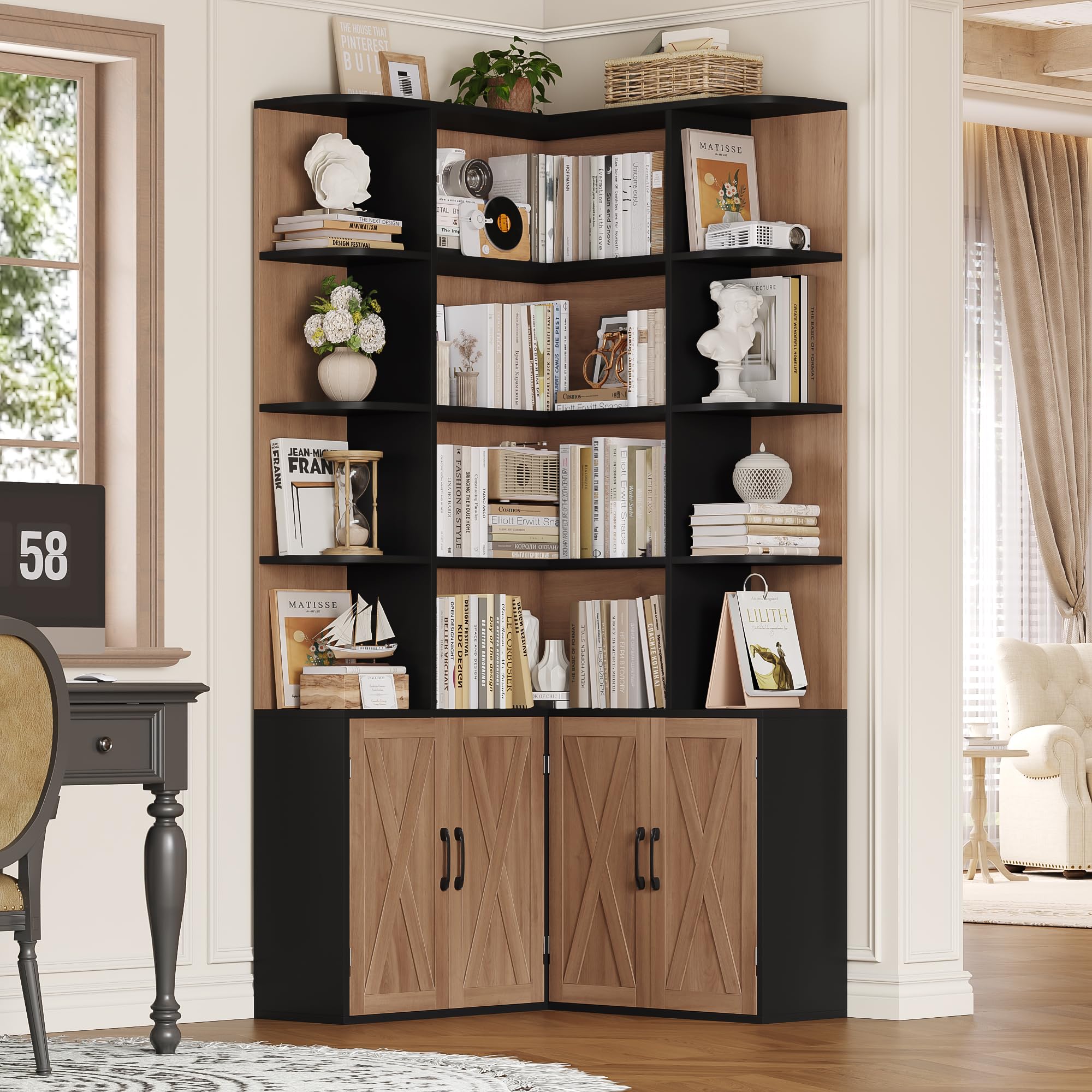FirFurd 187cm Bücherregal mit Türen， Eckregal mit 12 Fächern L-förmiger | Bücherschrank mit Türen, Bücherregal, Hochschrank Regal für Wohnzimmer, Büro, Arbeitszimmer, 187x80x80cm