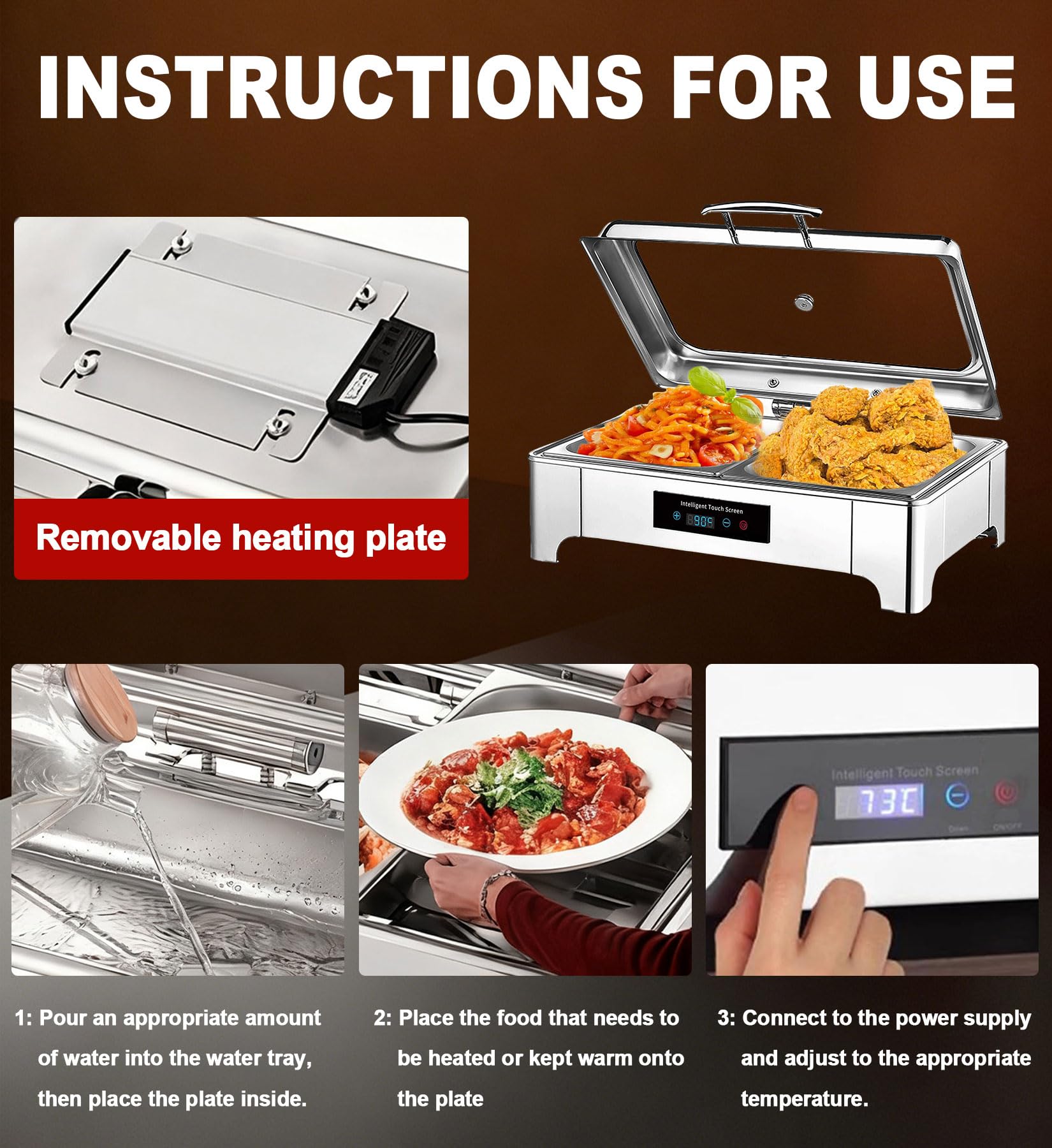 Chafing Dish Elettrico, 9L Scaldavivande Elettrico per Buffet con Coperchio in Vetro, Commerciale Contenitore Scalda Cibo Temperatura Regolabile 35-90°C per Buffet, Feste e Banchetti (GN1/3)