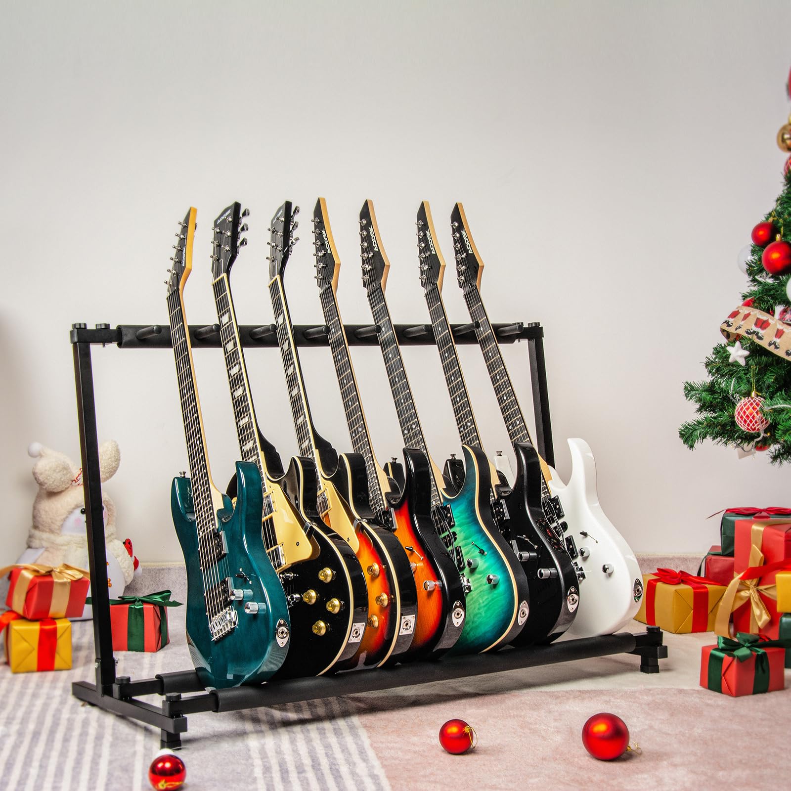 AODSK Soporte para 7 guitarras con diseño plegable, soporte para múltiples guitarras, soporte portátil para guitarra negra, soporte de exhibición de guitarra negro para guitarra y bajo, estudio y