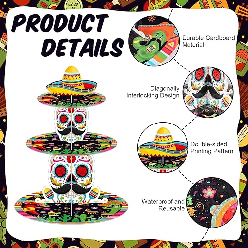 Miniatura 3 de Zopeal Soporte de 3 niveles para cupcakes mexicanos, decoraciones para fiestas de Taco Twosday, soporte para cupcakes de cactus, piñata, cinco de
