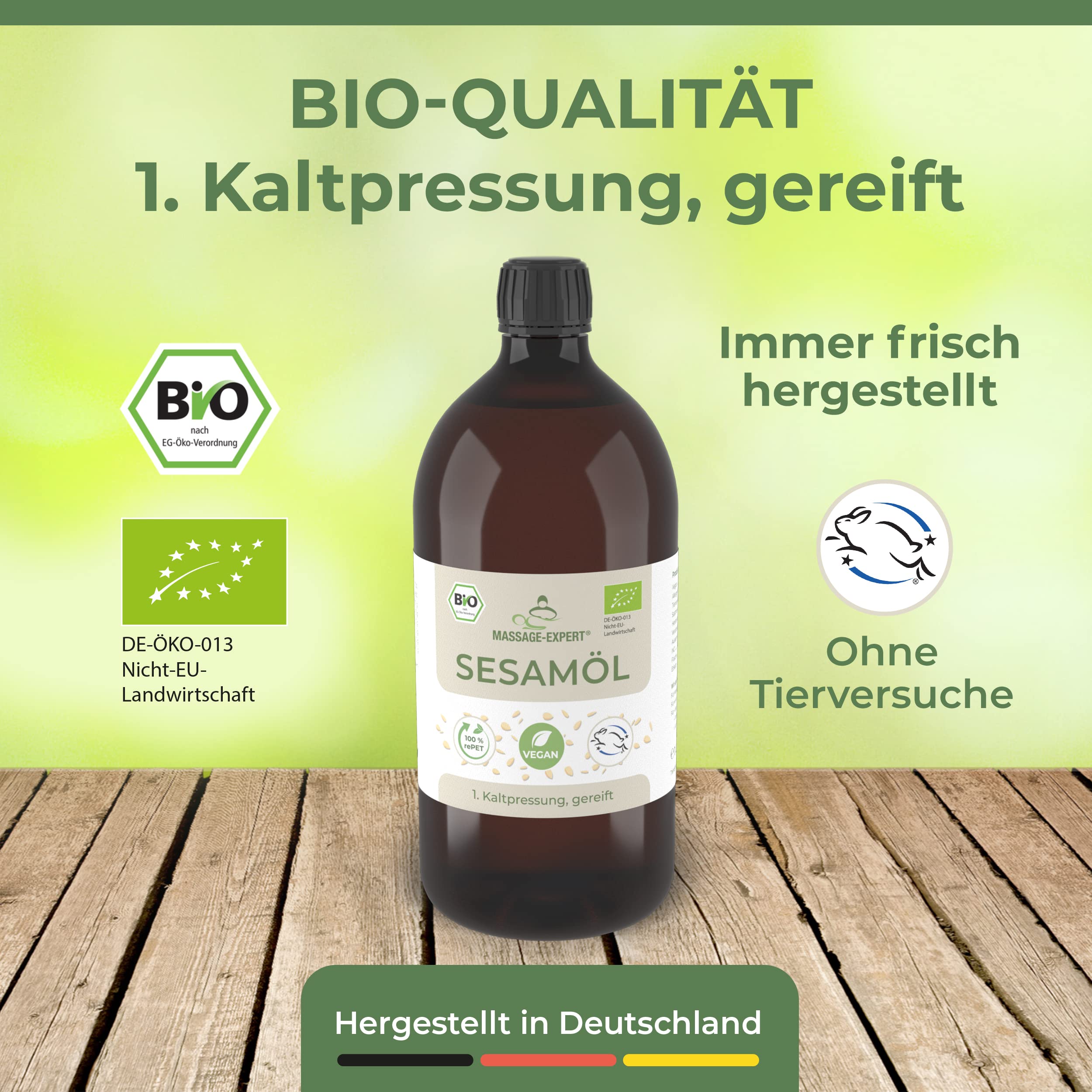 MASSAGE-EXPERT Olio di sesamo biologico spremuto a freddo, olio base stagionato per massaggi, ayurveda, cura della pelle e capelli [1 litro con tappo a spruzzo]