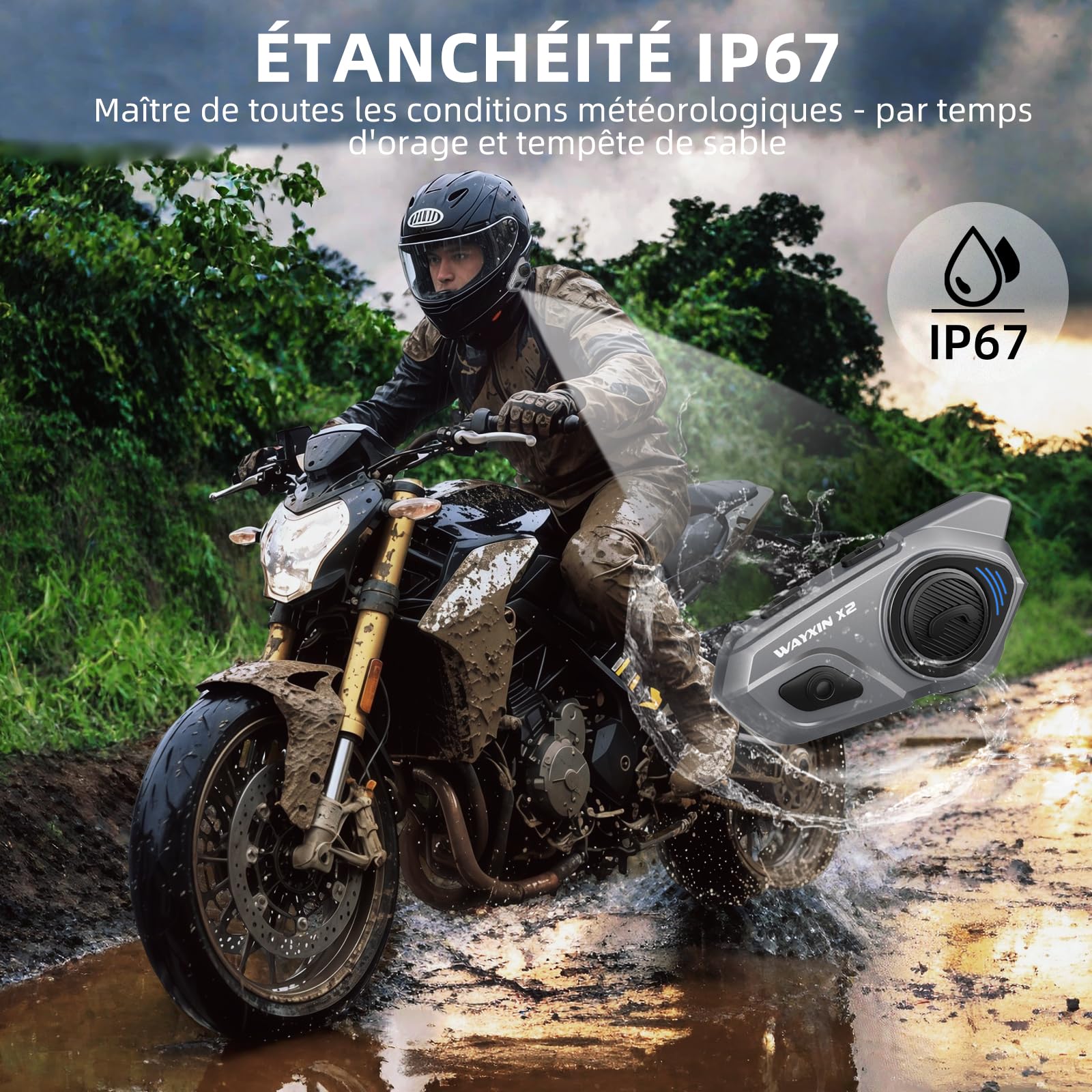 X2 Intercom de moto, système d'interphone intégré, casque Bluetooth pour moto jusqu'à 4 motos, avec pièces Hi-Fi, musique, radio FM, assistant vocal AI, étanche IP67