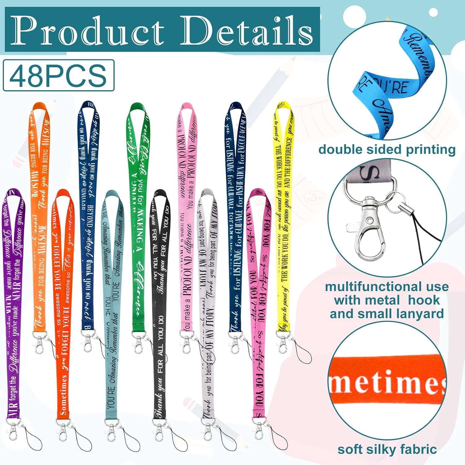 Motipuns 48 Pcs Thank You Gifts Lanyard Bulk for ID Badge Employee Appreciation Gift Keychain Inspirational Lanyards for Teacher (Solid Color)