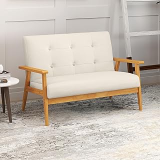 HOMCOM 45" Loveseat Sofa for Bedroom, Modern Love Seats Furniture, Upholstered 2 Seater Couch with Rubber Wood Legs for Living Room, Beige