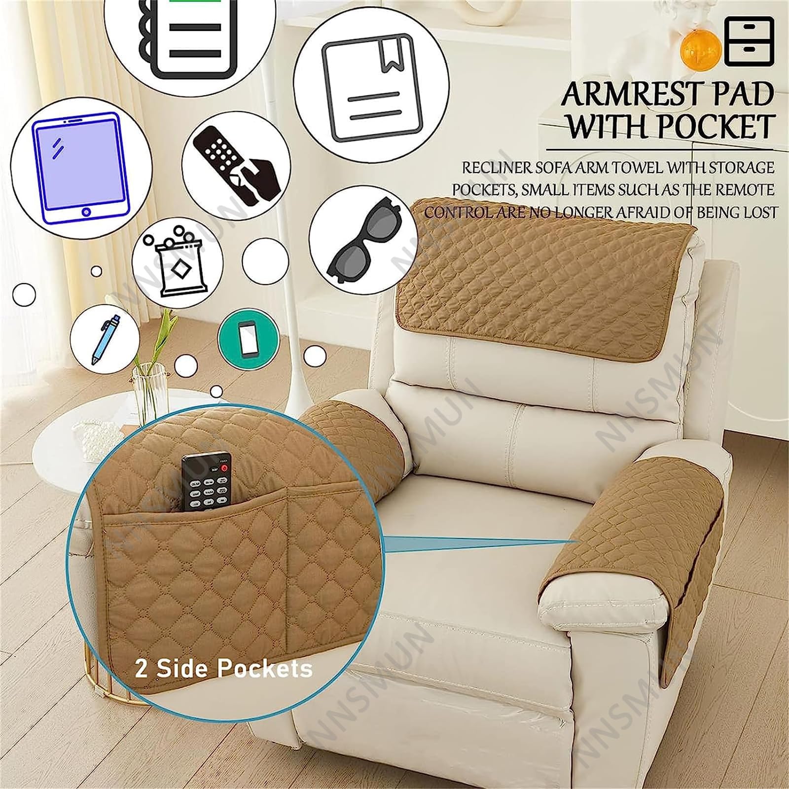 Housse Accoudoir Canapé 3 Places Camel – Protège Fauteuil Inclinable Imperméable Avec Poches
