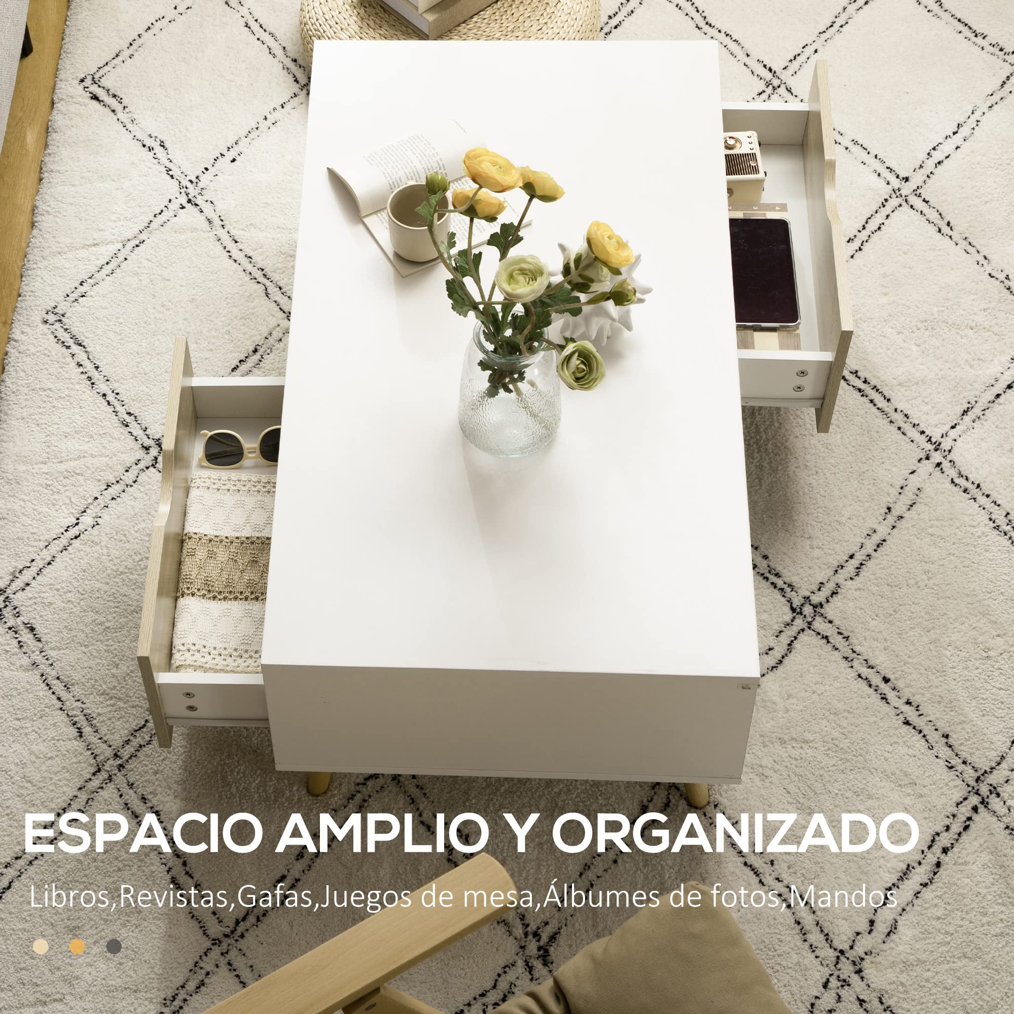HOMCOM Mesa de Centro Mesa de Salón con 2 Cajones 106x58x39,5 cm Blanco