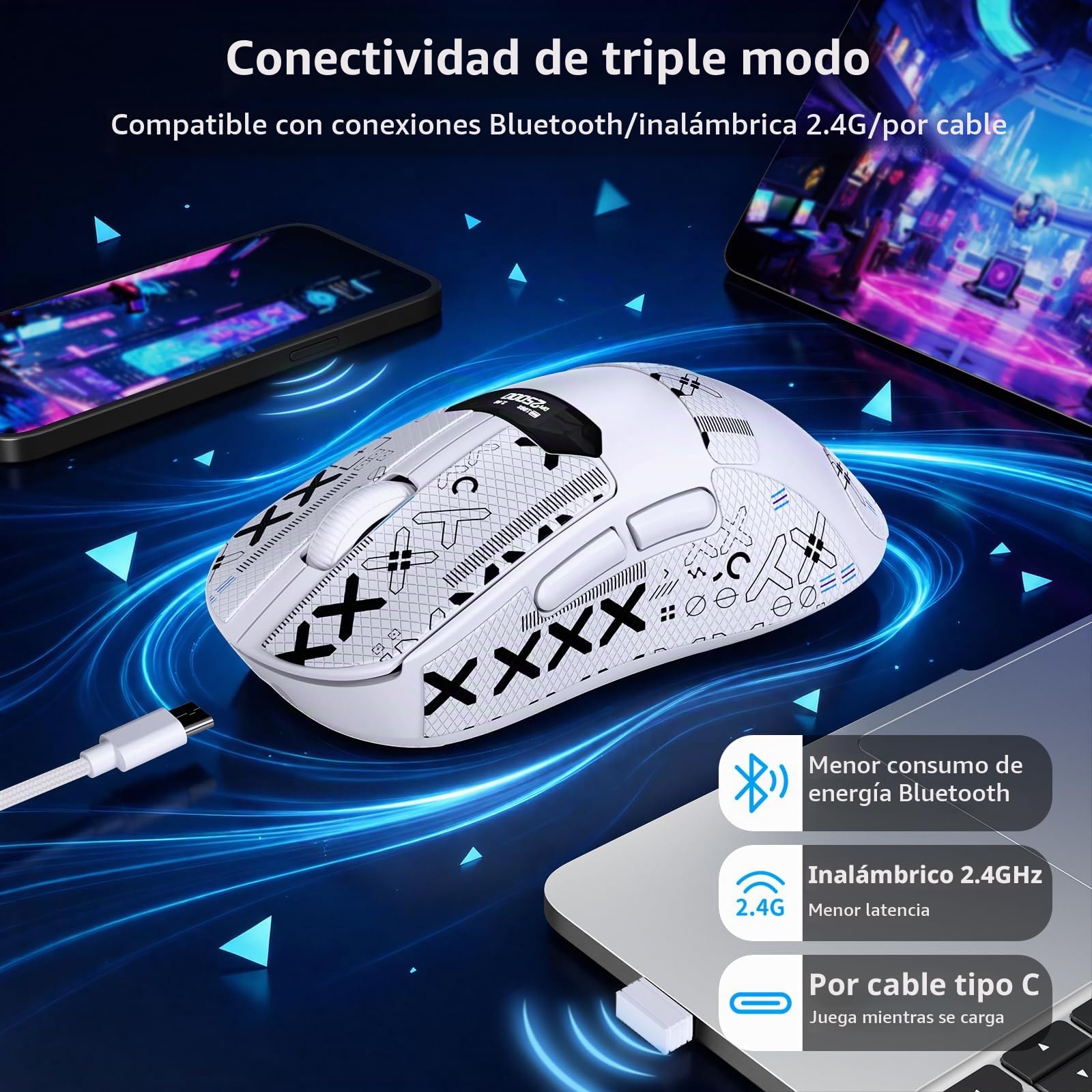 A.JAZZ x Magic-Refiner R1 Ratón Gaming con Base de Carga magnética, Sensor PixArt PAW3311, BT/2,4G Inalámbrico/Cableado con Pantalla, ratón 25000 dpi para Oficina y Jugadores,Blanco