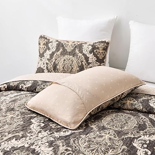 Miniatura 8 de Dobuyly Juego de edredón marrón tamaño King, juego de colcha de damasco bohemio de 3 piezas con 2 fundas de almohada, juego de ropa de cama de lujo