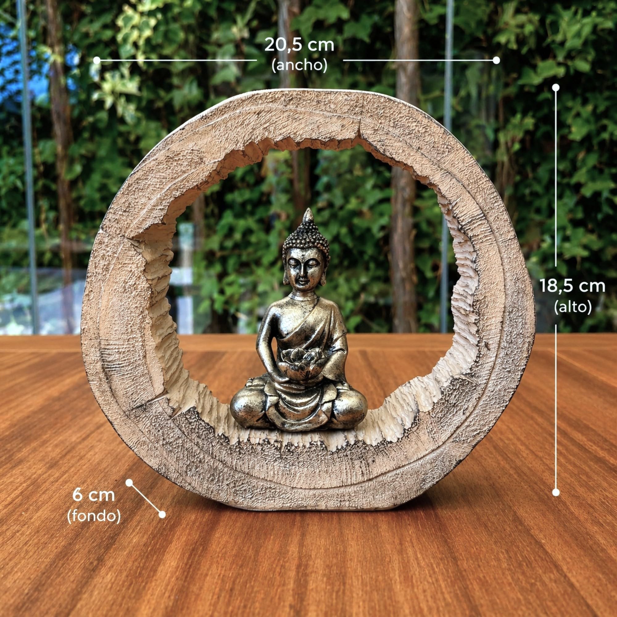 Set de 2 Figuras Decorativas Buda con Marco Circular – Escultura Zen de Diseño Natural en Madera y Resina, Adorno Elegante para Salón, Estantería o Recibidor