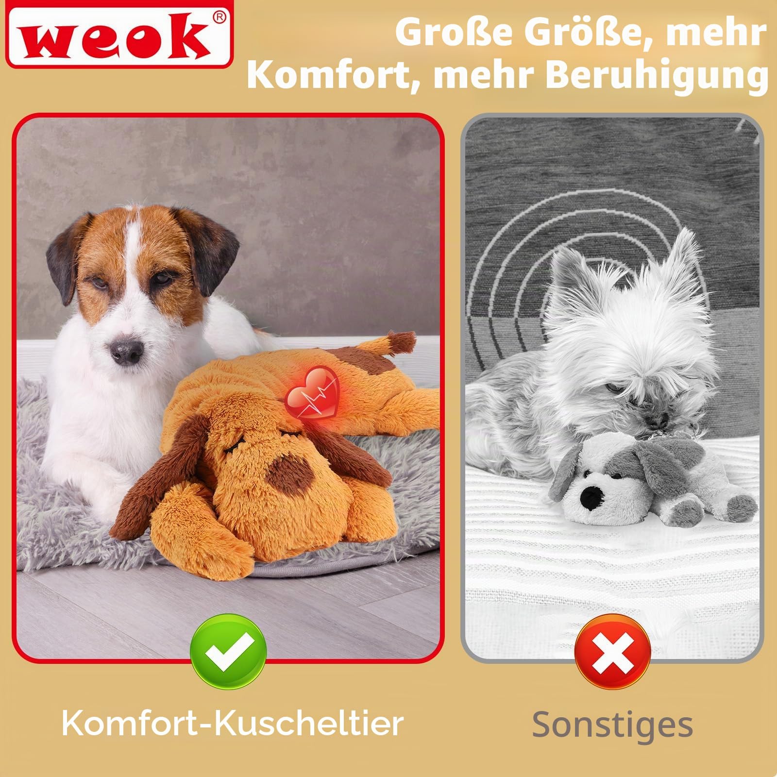 WEOK Herzschlag-Welpenspielzeug – Komfort-Kuschelkissen, zur Linderung von Angstzuständen, beruhigende Hilfe, Herzschlag-Spielzeug für Hunde, Welpenherzschlag-Spielzeug, Schlafhilfe