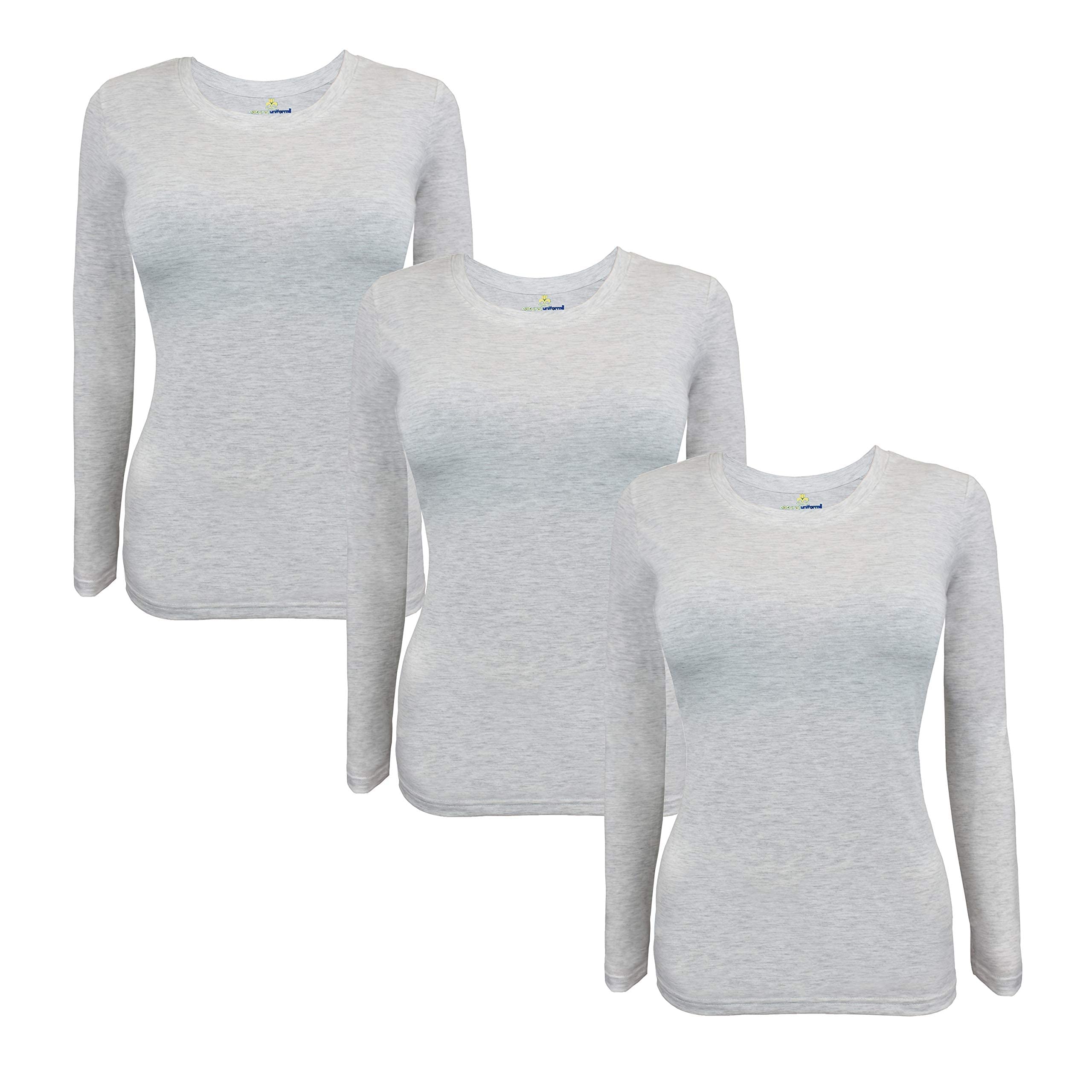 M&M SCRUBS Women's Under Scrub Tee Crew Neck Long Sleeve T-Shirt 3 - Pack (Heather Grey, Medium)