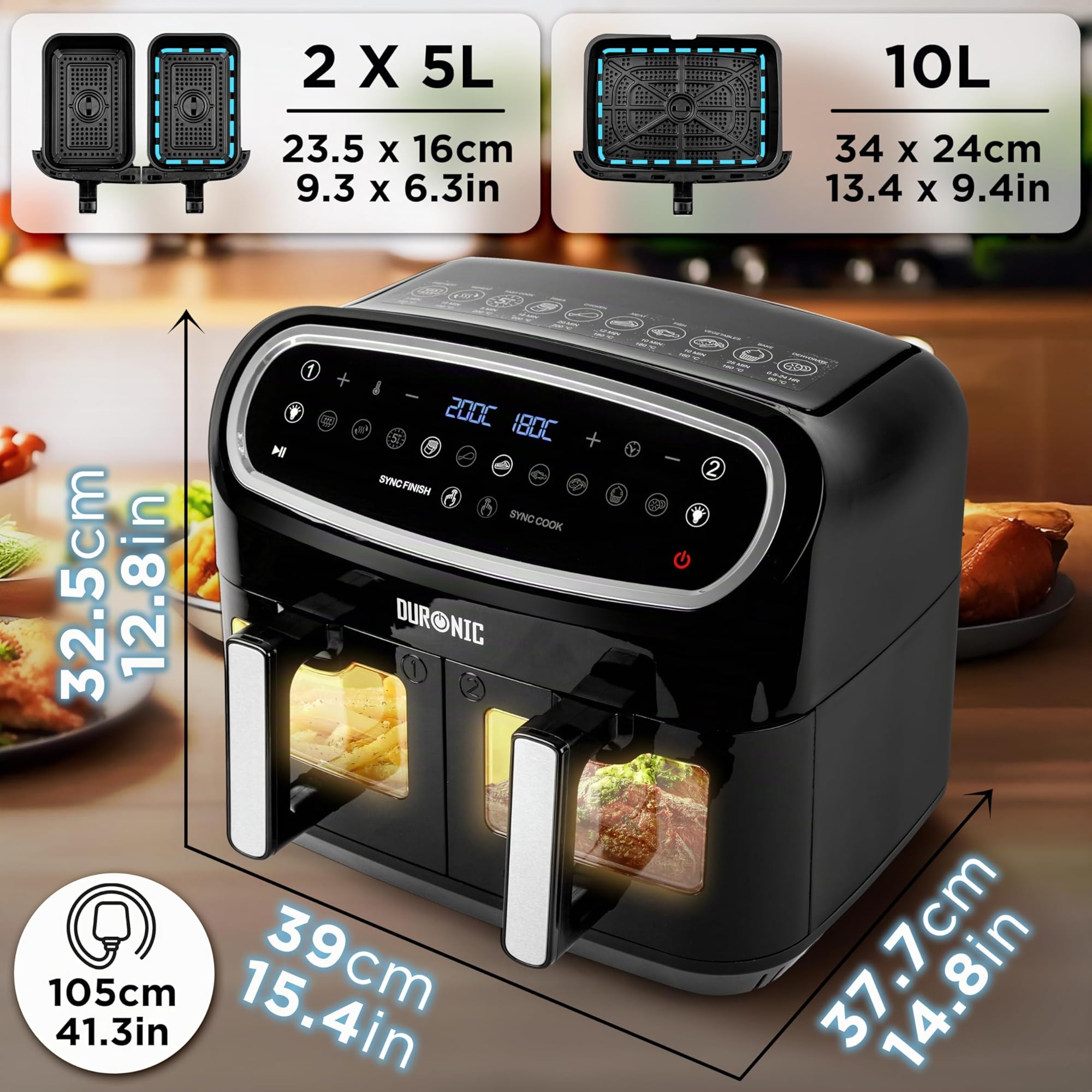 Duronic AF34 BK Set Friteuse à Air avec 1 grand tiroir de 10L et 2 petits tiroirs de 5L inclus | 10 Programmes de Cuisson Préréglés | Sans huile | Fonctions Sync Cook Sync Finish | Cuisson saine sans huile 10 programmes préréglés 1 grand tiroir de 10 litr