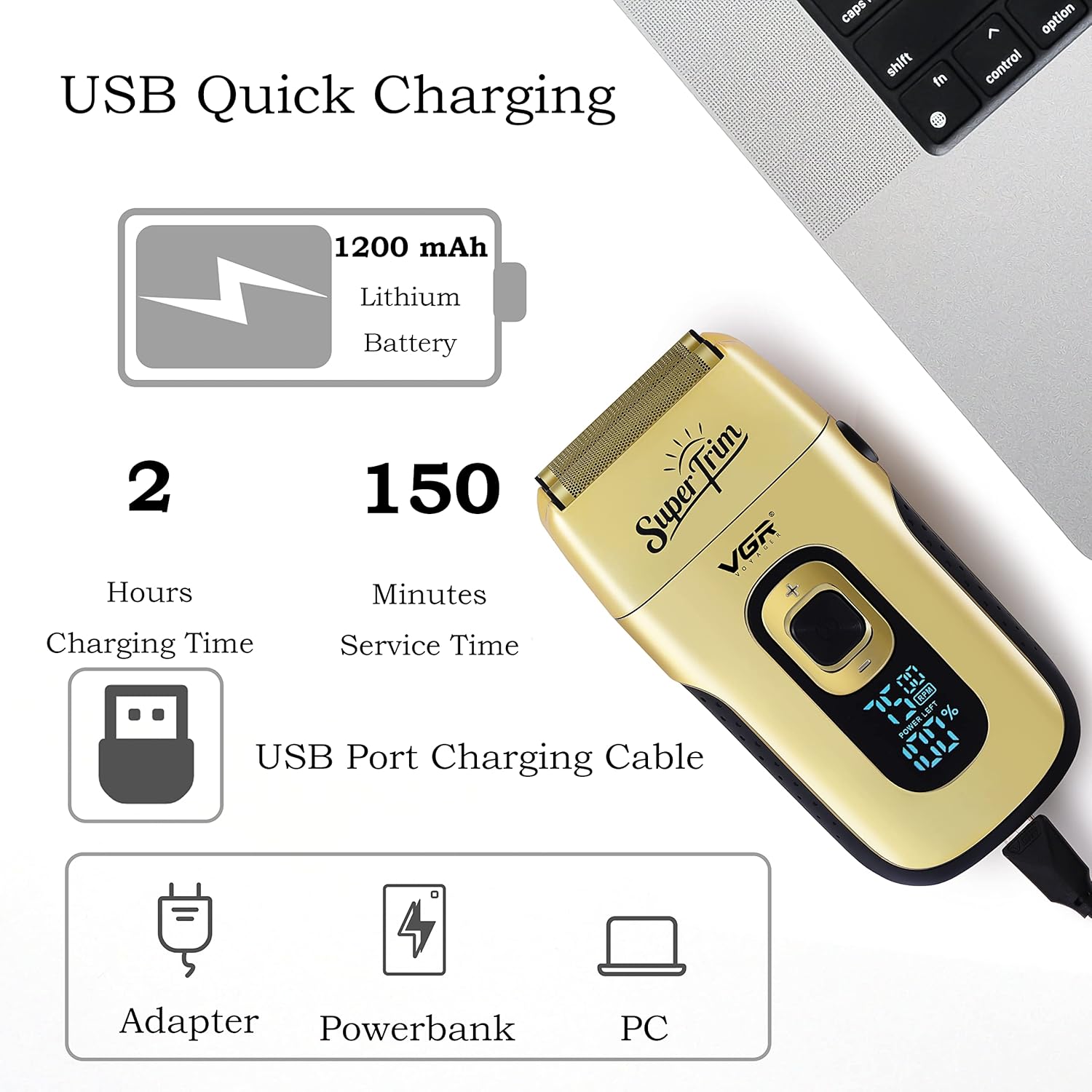 VGR Shaver connected to USB charger, showing charging time and usage time