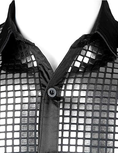 Miniatura 4 de JOGAL Camisa de discoteca de los años 70 para hombre, disfraz de fiesta de lentejuelas plateadas, camisas de manga corta con botones