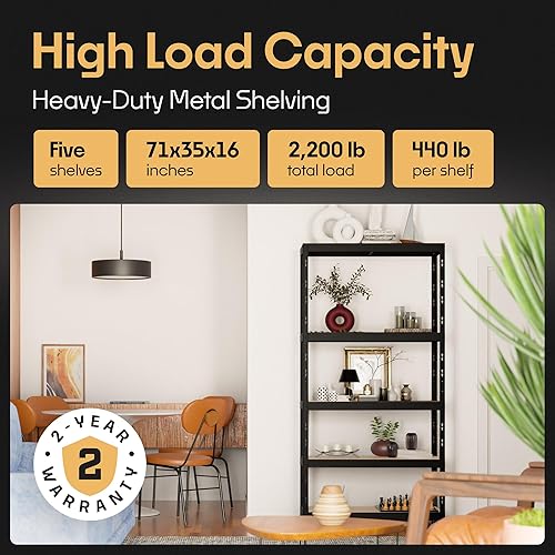 Miniatura 3 de Estantes de almacenamiento 5 estantes de almacenamiento resistentes con capacidad de carga total de 2,200 libras, 440 por estante de almacenamiento,