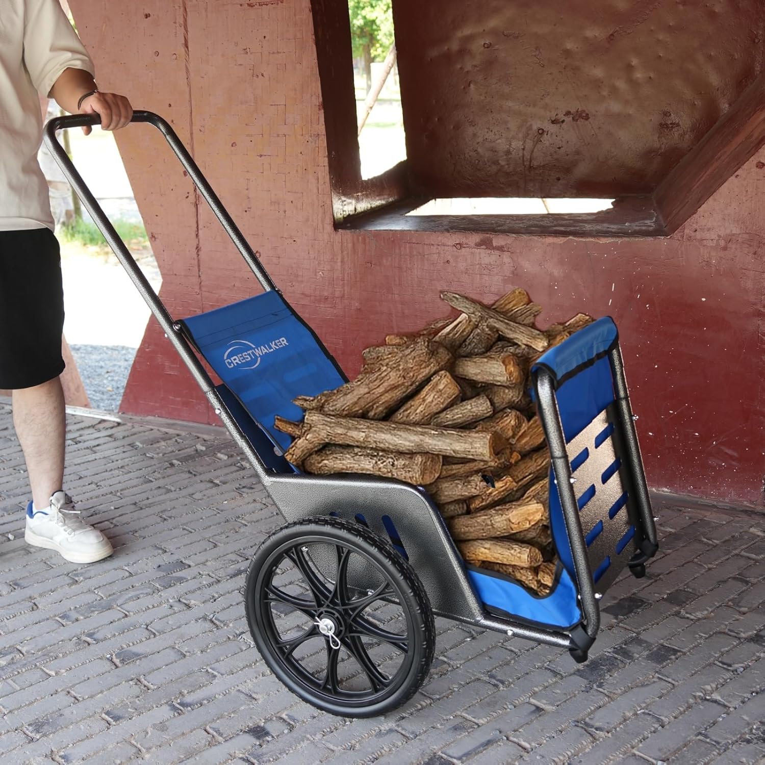 Firewood Cart with 16" Big Wheels for Stairs & Snow, 50" High-Leverage Handle to Easily Haul 220 lbs, Includes Canvas Cover, All-Terrain Heavy Duty Utility Wagon