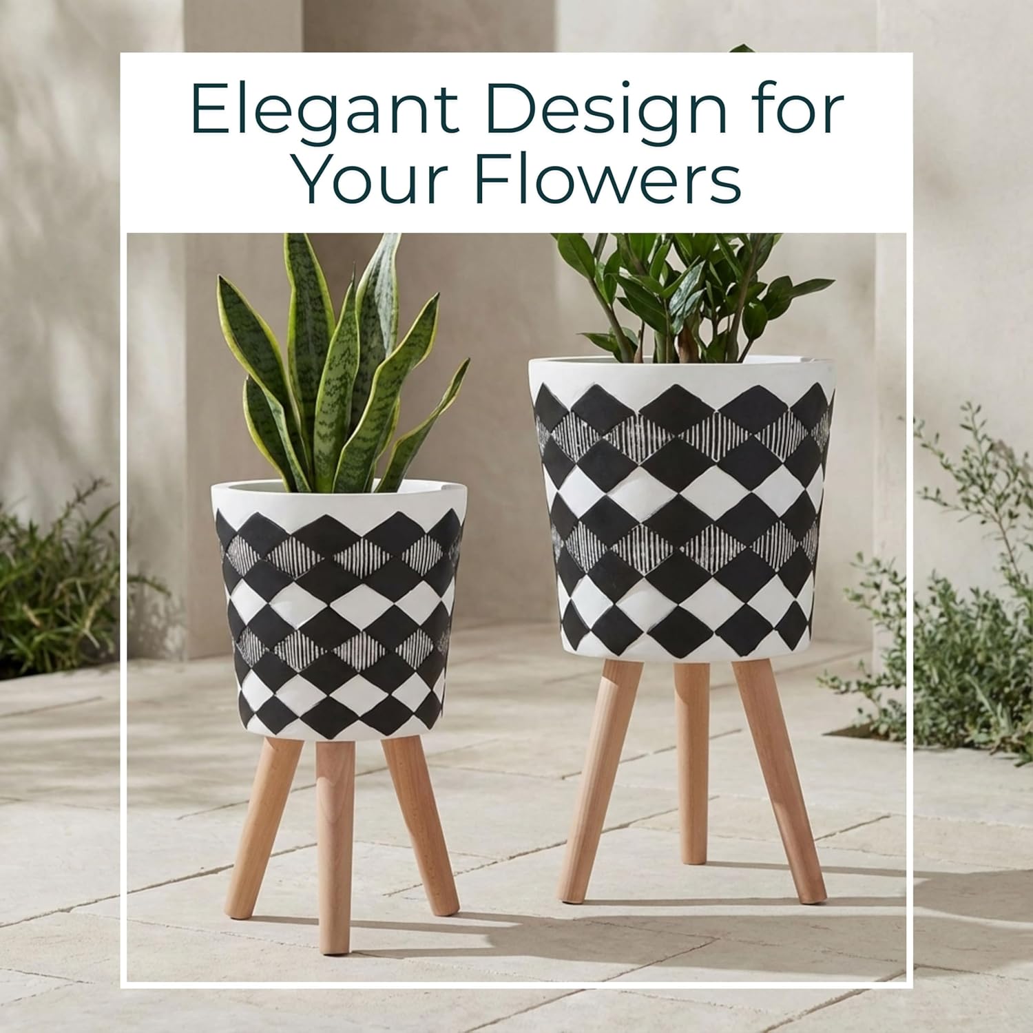 Resin Planter Stands Set – Plant Stand for Living Room or Patio Display for Greenery and Home Decor Styling, Geometric Mid-Century Design for Modern Outdoor Decor – 12" & 10", Black and White