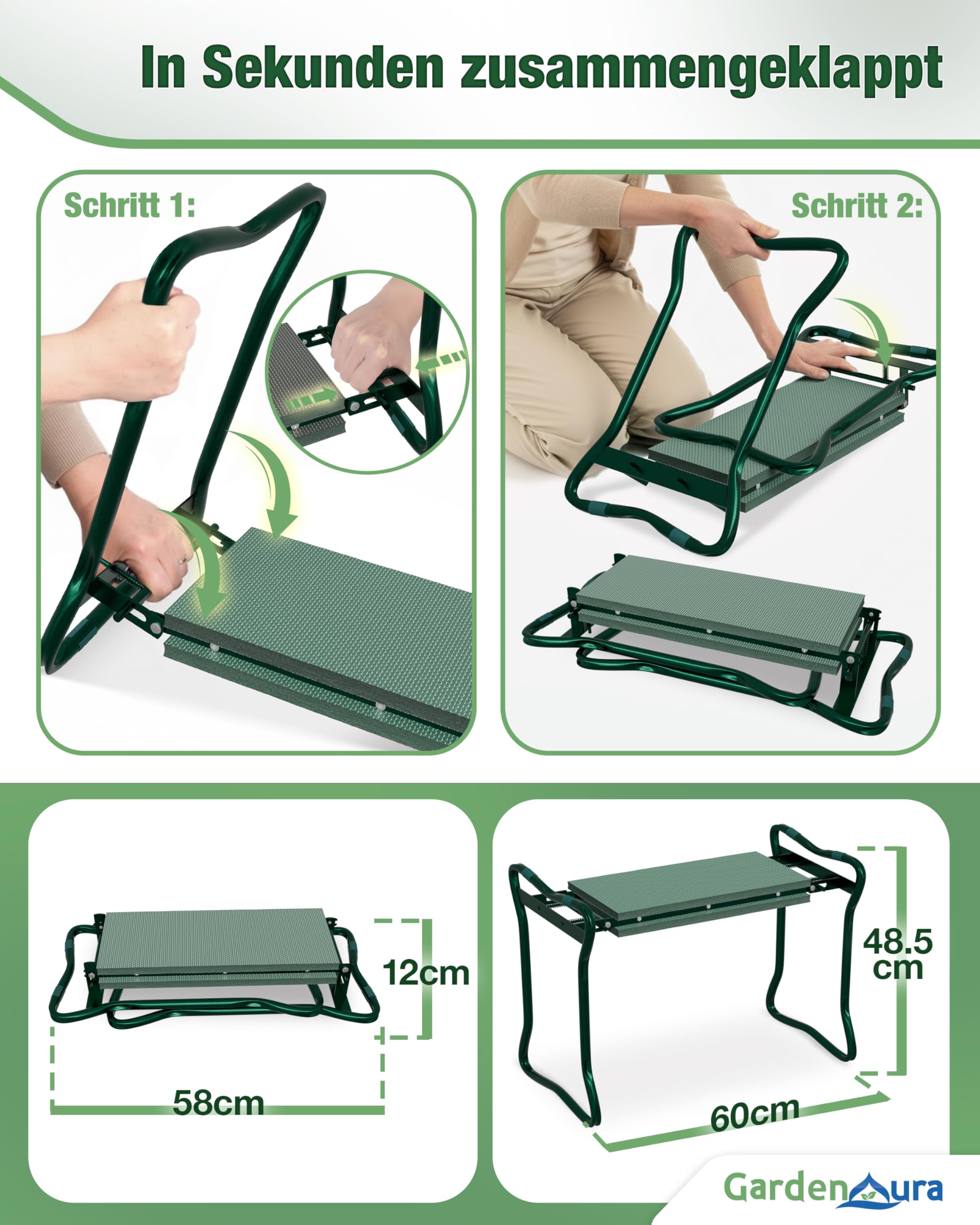 Reposarodillas para jardinería – Taburete de jardín con bolsa de herramientas – Banco de jardín – Banco de rodillas de jardín respetuoso con la espalda y las articulaciones, soporta hasta