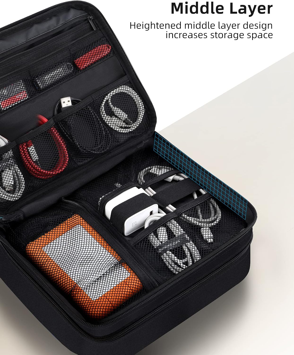 Electronics Travel Organizer, Waterproof Cable Organizer Bag for Electronic Accessories 3 Layer Large Shockproof Cable Storage Bag for Cord, Power Bank, Tablet- Black