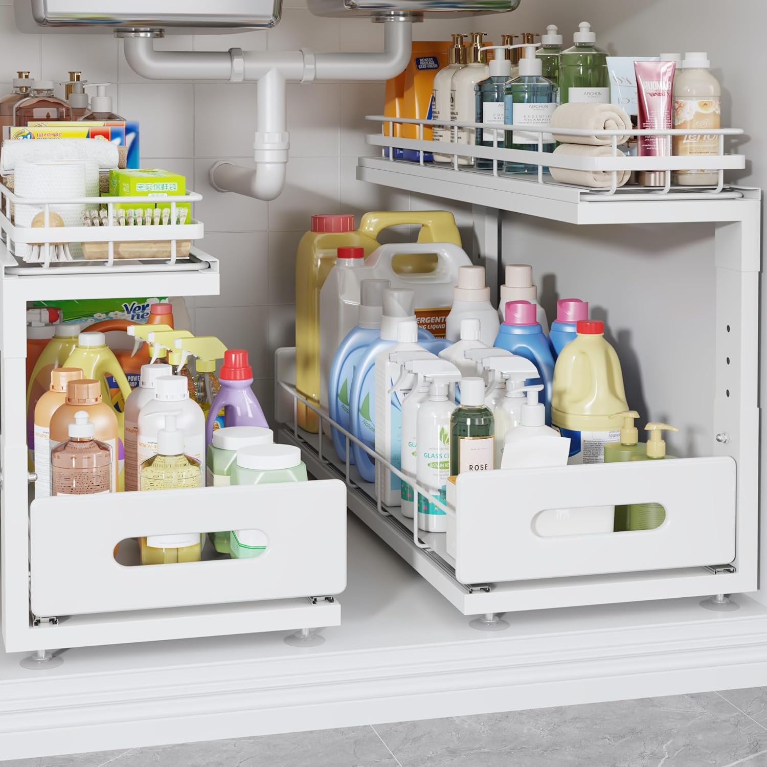 2 Pack 21 IN Depth Pull Out Cabinet Storage With Smooth Rails,2-Tier Dual Pull Out Cabinet Storage For Bathroom Kitchen,Under Sink Shelf-White 2 Pack-21"Dx12.8"-16.9"H White