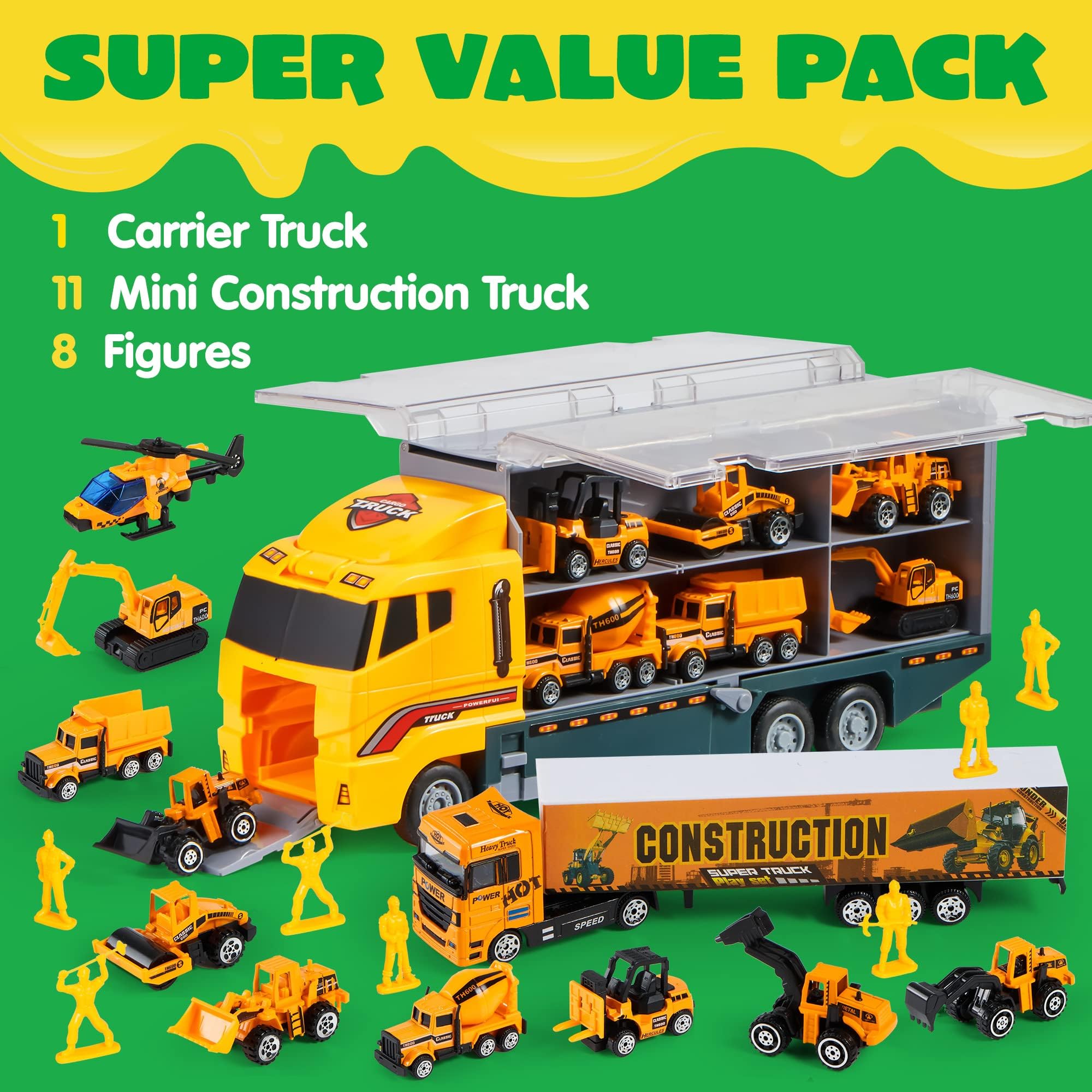 JOYIN Lot de 11 mini camions de construction moulés sous pression - Avec 8 figurines techniques - Cadeau d'anniversaire d'enfant pour garçons à partir de 3 ans