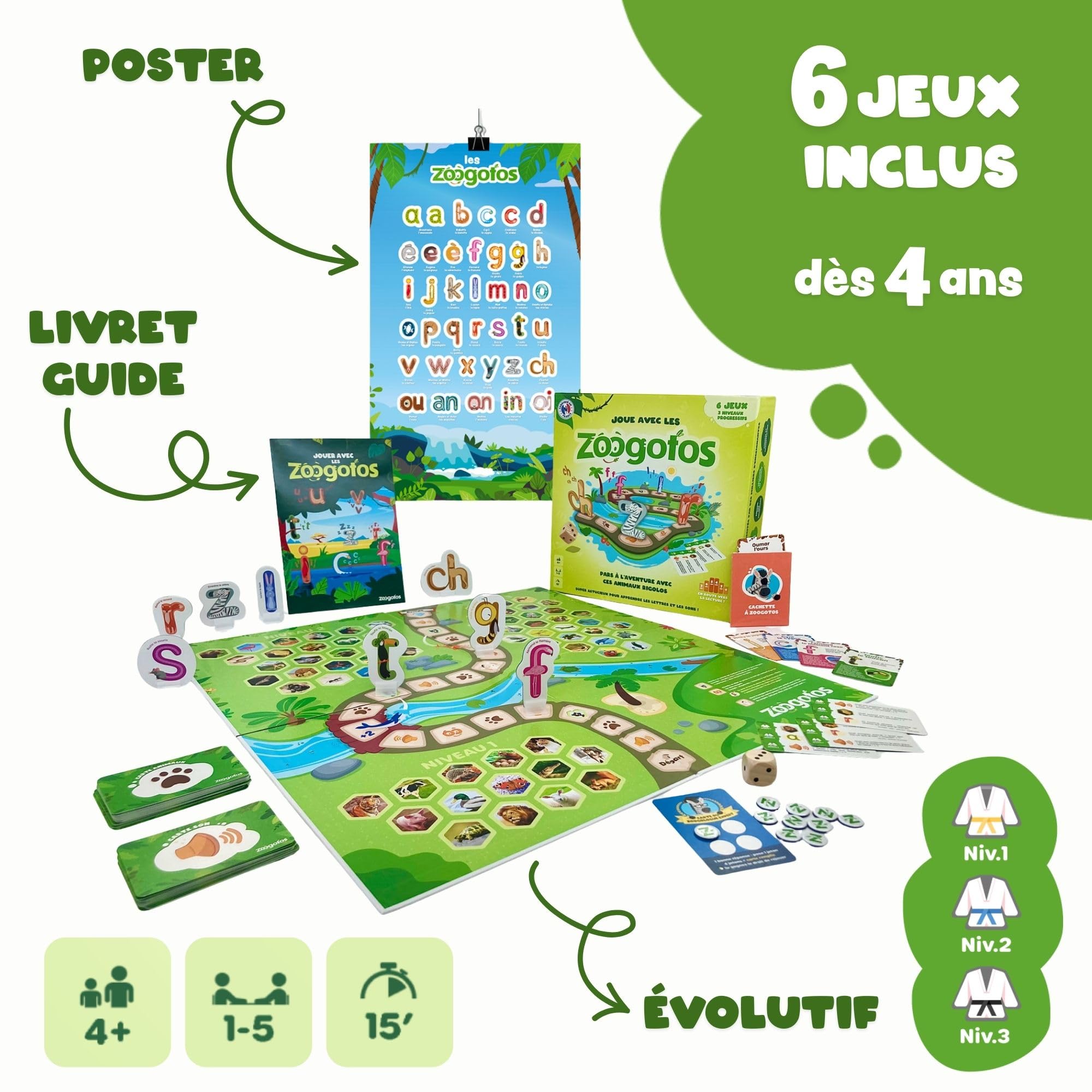 Edukacyjna gra planszowa do czytania dla dzieci w wieku 4-7 lat - 6 progresywnych i zabawnych gier do nauki liter i dźwięków - Sprytne litery zwierzęce - sprawdzona metoda - Wyprodukowano we