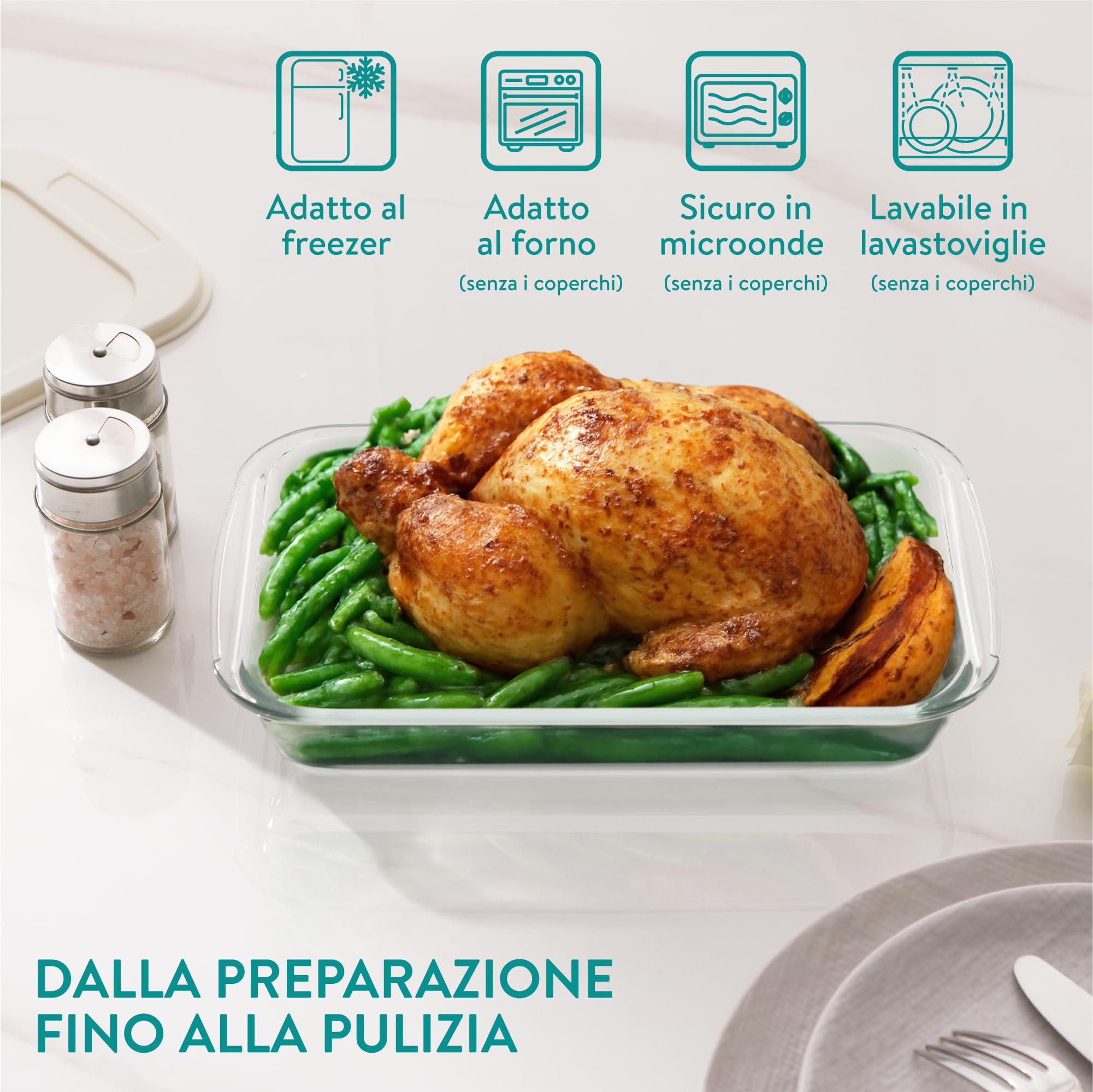Navaris Teglia Forno Rettangolare - Set di 2 Teglie Forno - Contenitori in Vetro per Alimenti - Pirofile con Coperchio per Freezer - Adatte a Cottura e Conservazione in Frigorifero