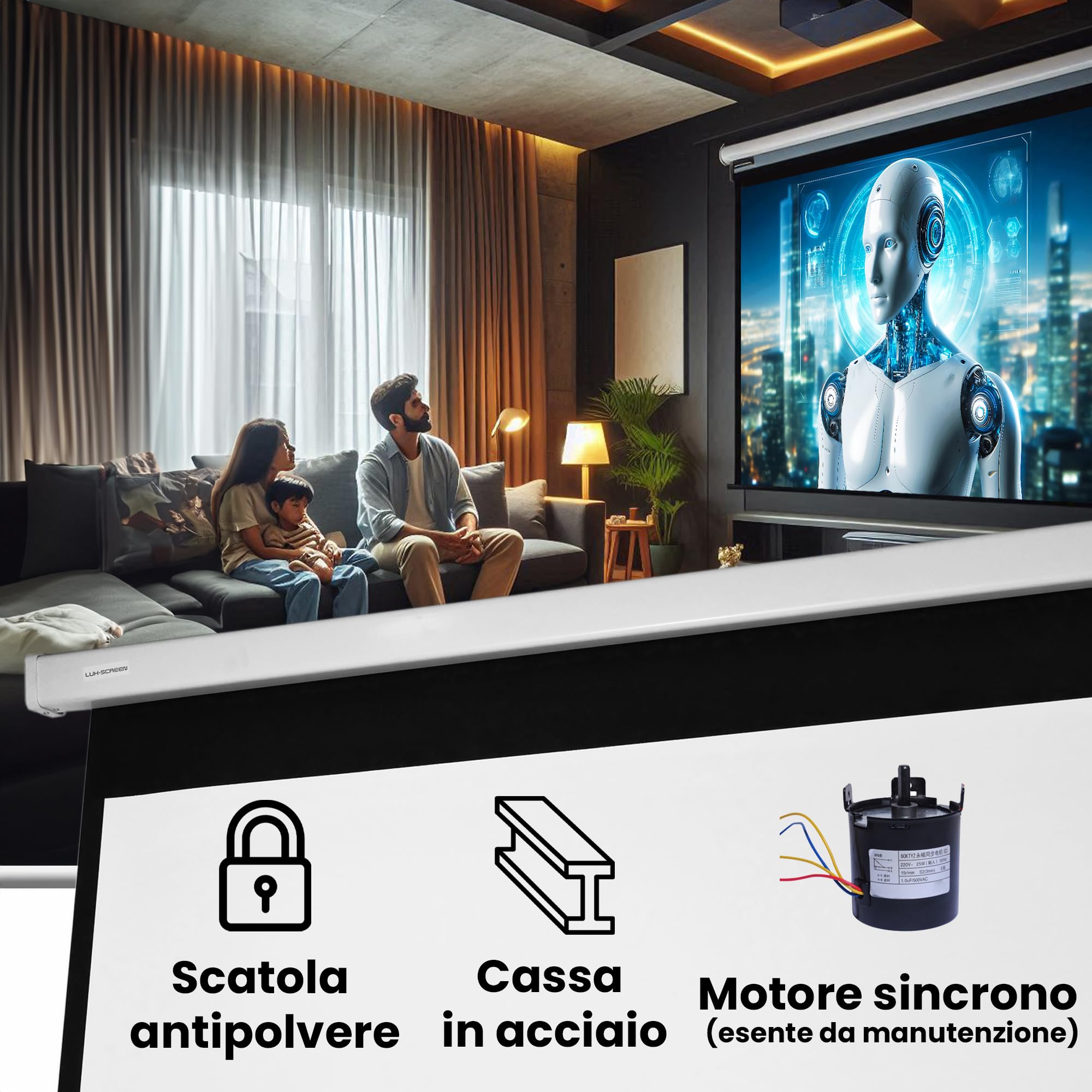 Schermo proiettore elettrico 100 pollici 16:9 Luxscreen, area visibile 221 x 124 cm, spazio di installazione 250 cm, installazione a parete o a soffitto, con telecomando