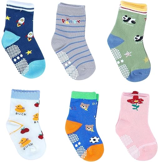 NEOBABY Cotton Printed Anti Slip Grip Dotted Socks for Kids &amp; Babies Boys &amp; Girls (Assorted/Random Designs)-(Pack Of 6)